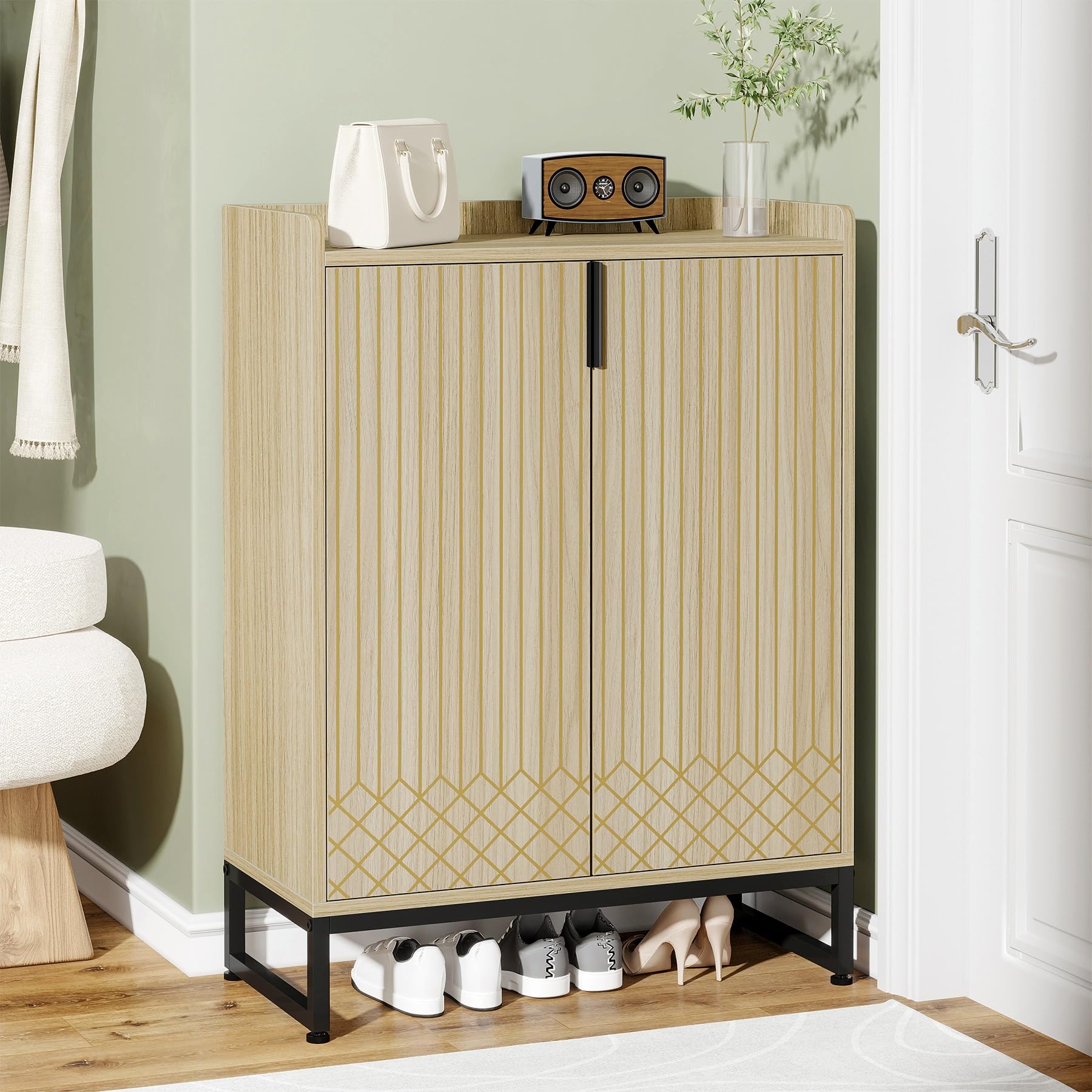 Tribesigns Modern Shoe Cabinet for Entryway, 25 Pairs Shoe Cabinet with Doors, Wood 5-Tier Shoe Organizer, Freestanding Brown Shoe Storage Cabinets with Black Metal Frame for Bedroom Living Room