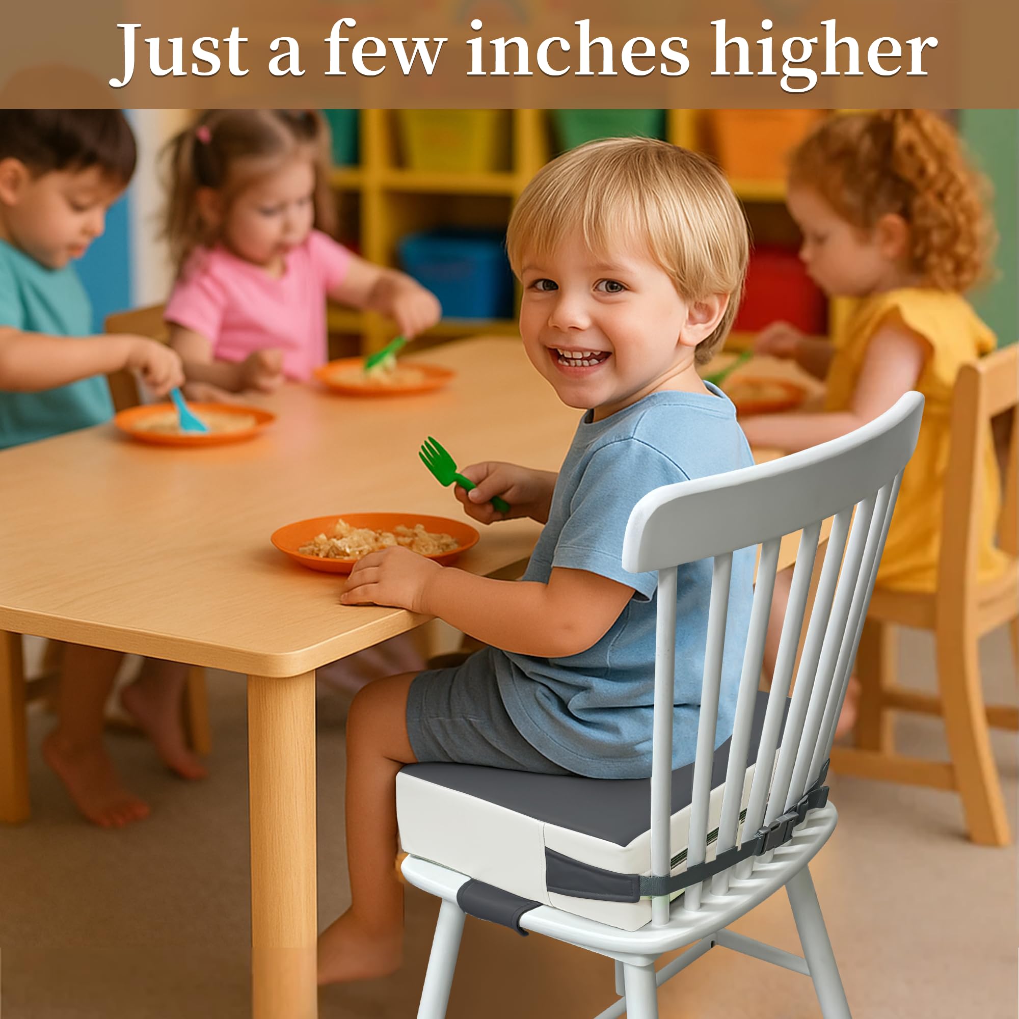 Toddler Booster Seat for Dining Table – PU Washable Cushion with Double Safe Straps, Non-Slip Bottom, Portable Travel Booster Seat for Toddlers (Dark Brown)