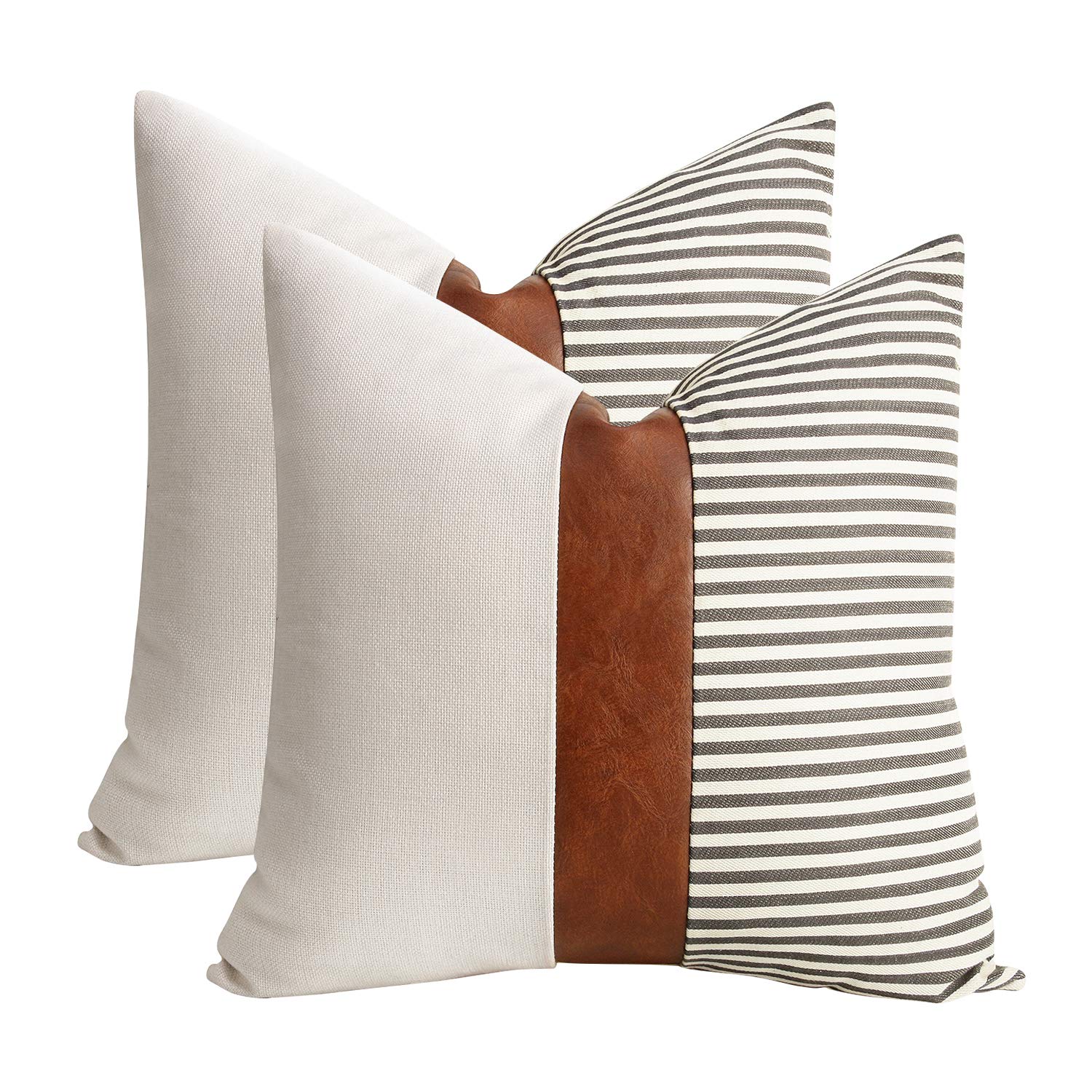 16x16 inch Pillow Covers Set of 2 Farmhouse Decor Stripe Patchwork Linen Throw Pillow Covers Modern Faux Leather Covers for Couch Sofa,Black