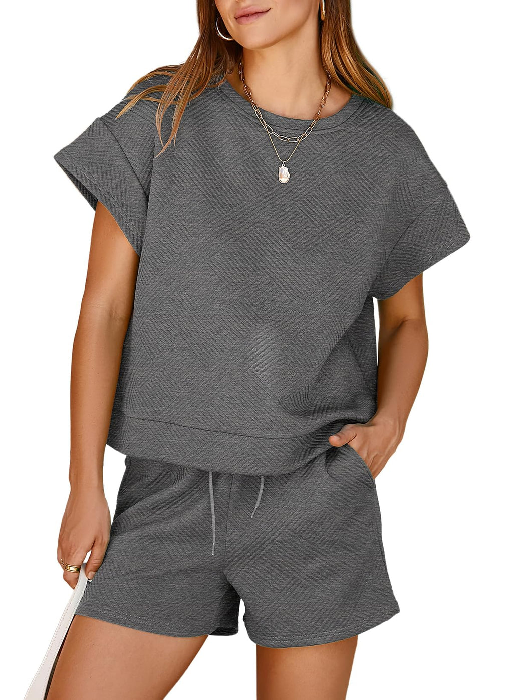 Dokotoo Women's 2 Piece Outfits Sweatsuit Casual Short Sleeve Pullover Tops and Drawstring Shorts Pants Lounge Sets