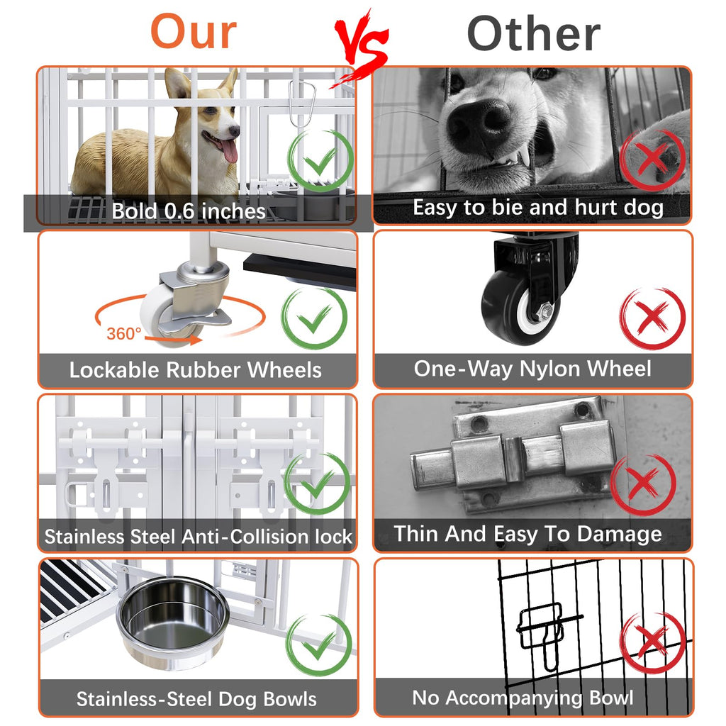 Dosker 42 inch Heavy Duty Metal Dog Crate with Divider for 2 Dogs/Large Dog, All Metal Open Top Escape Proof Cage, Indoor Dog Kennel with Wheels, Floor Grid, Tray, Feeding Bowl