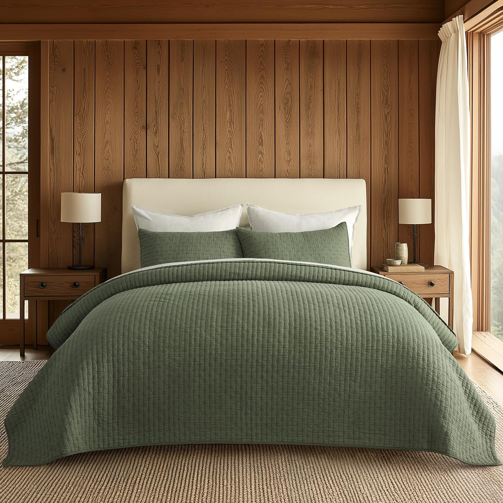 EVERGRACE Cotton Border Frame Tack-Stitch Quilt Bedding Set Queen Size, Coastal Oversized 3 Pieces Lightweight Bedspread Coverlet for All Season, with 2 Matching Shams, Blue Linen