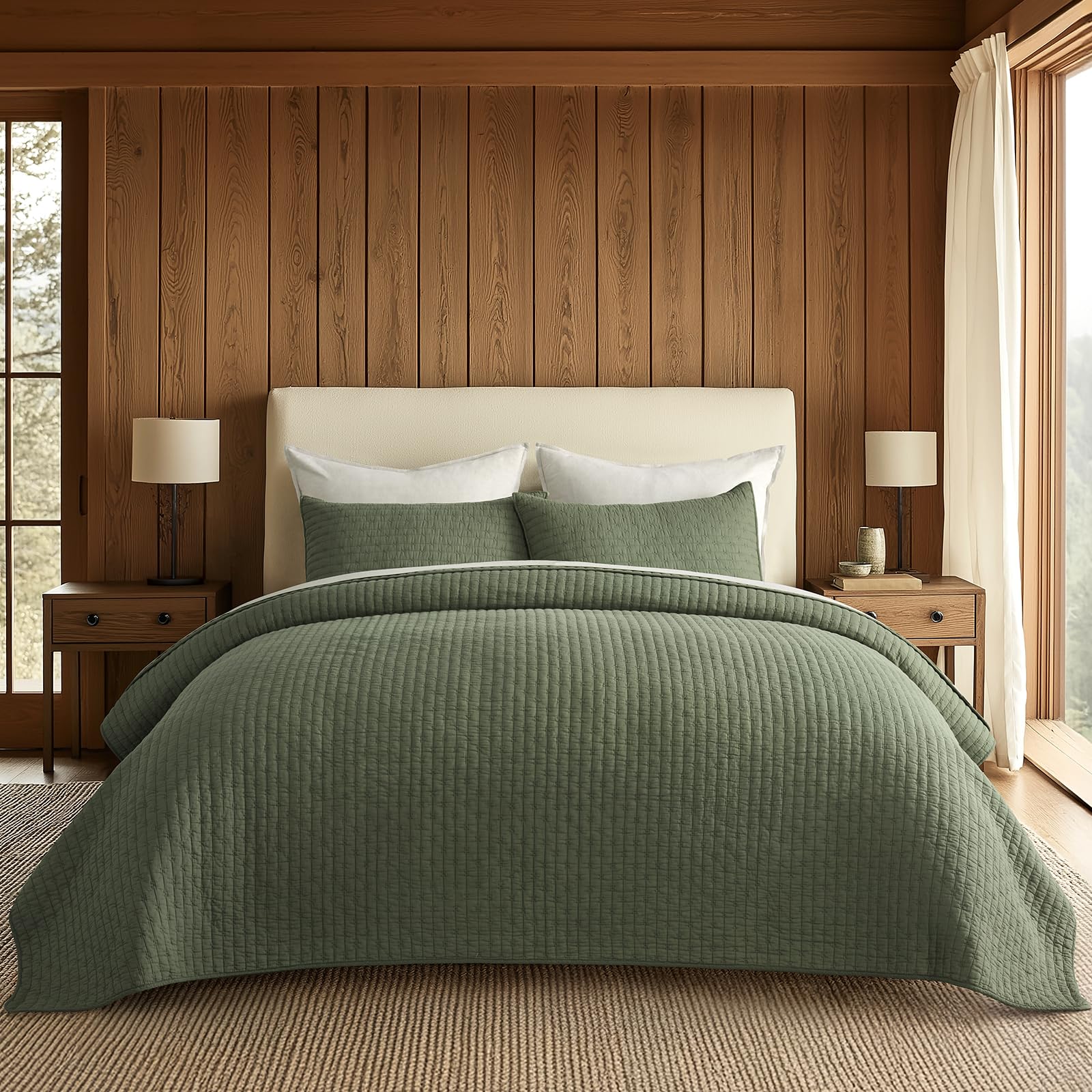 EVERGRACE Cotton Border Frame Tack-Stitch Quilt Bedding Set Queen Size, Coastal Oversized 3 Pieces Lightweight Bedspread Coverlet for All Season, with 2 Matching Shams, Blue Linen