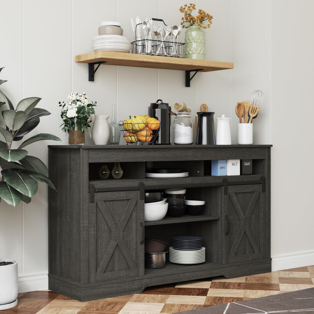 FansaFurn Farmhouse TV Stand for 65+ Inch TV, 34'' Tall Entertainment Center with Sliding Barn Doors, Rustic Wood Media Console Storage Cabinet Television Stand for Living Room, Bedroom (Black)