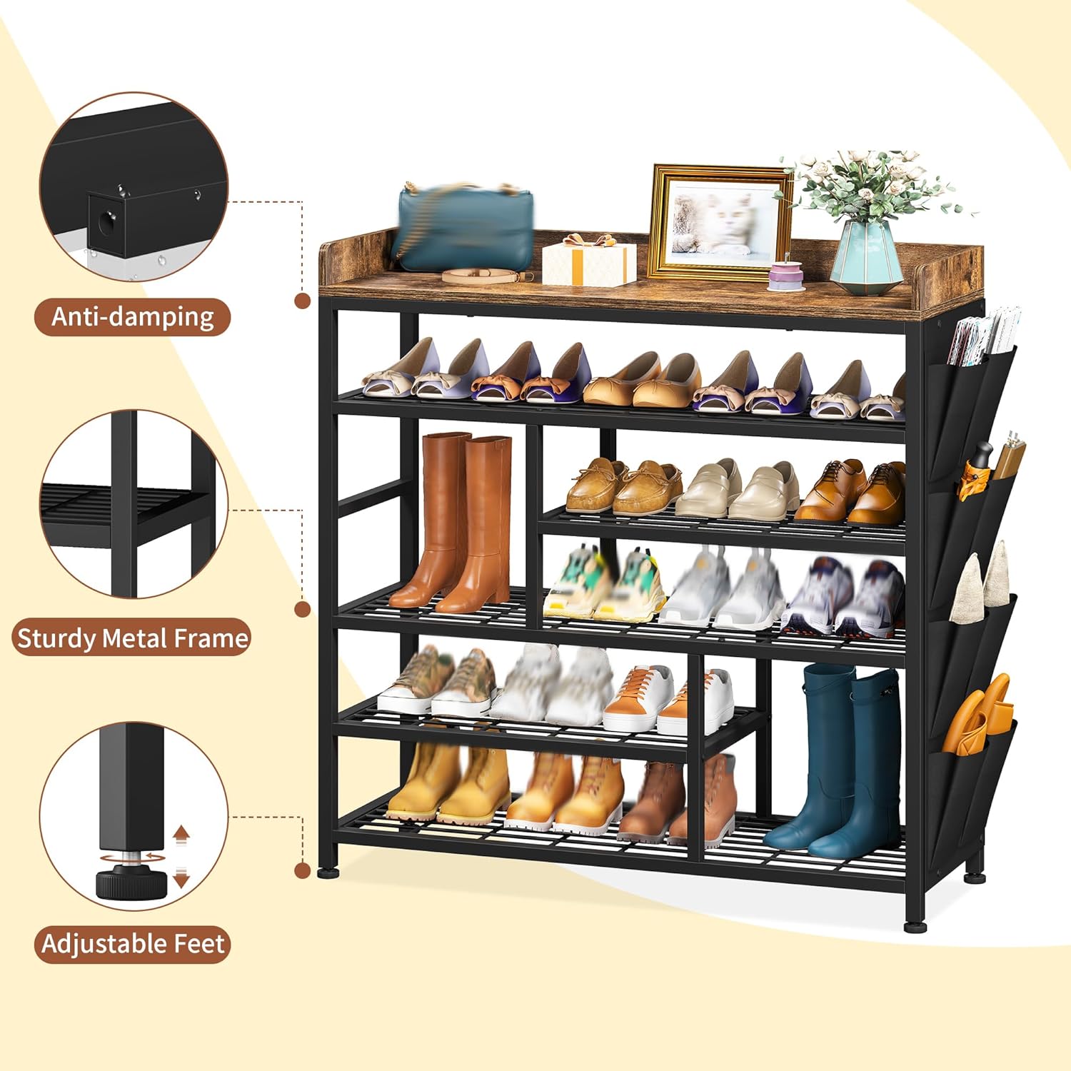 EnHomee Shoe Rack for Entryway, 6 Tier Shoe Organizer with Adjustable Shelves, 22 Pairs, Shoe Shelf with Wooden Top and Side Pocket for Closet, Entryway, Living Room, Rustic Brown & Black