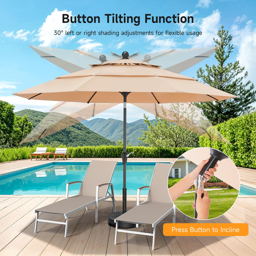 ONBRILL 10 FT Patio Umbrella, 3 Tier Outdoor Table Umbrella with 8 Sturdy Glass Fiber Ribs and Push Button Tilt, Outdoor Patio Umbrellas for Market Pool Garden Backyard, 1.5" Pole, Blue (No Base)