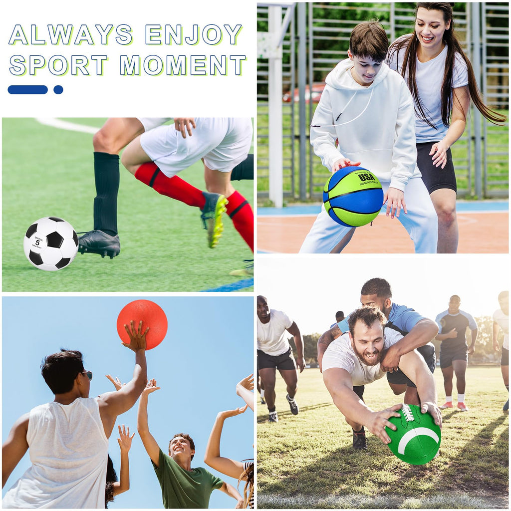 Lenwen 4 Pcs Sports Balls Set for Teen Adult, Include Official Size Basketball Soccer Football Playground Ball Pump Equipment Bag Ball Gifts Back to School