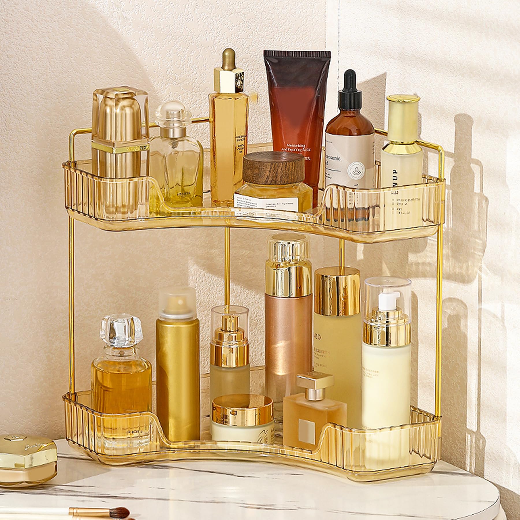 Aveniee Corner Bathroom Counter Organizer, Bathroom Countertop Shelf Makeup Organizer for Vanity Perfume Tray for Corner Storage (2 Tiers, Gold)