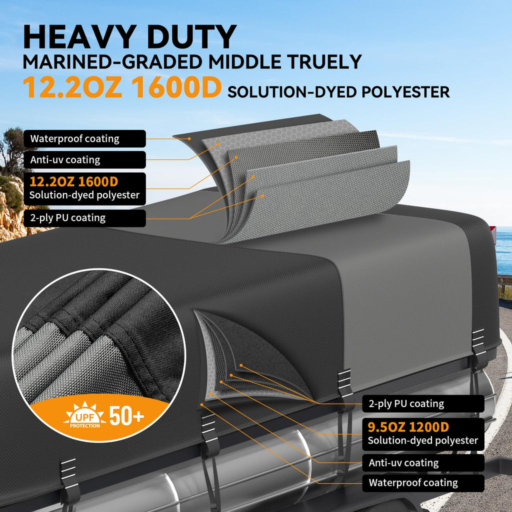 5-Ply 1600D+1200D Pontoon Boat Cover - Fully Waterproof & Ultra-Durable Tear-Resistant, with Large Storage Bag & Reinforced Windproof Straps (Fits 17'-20' Length,102" Width)