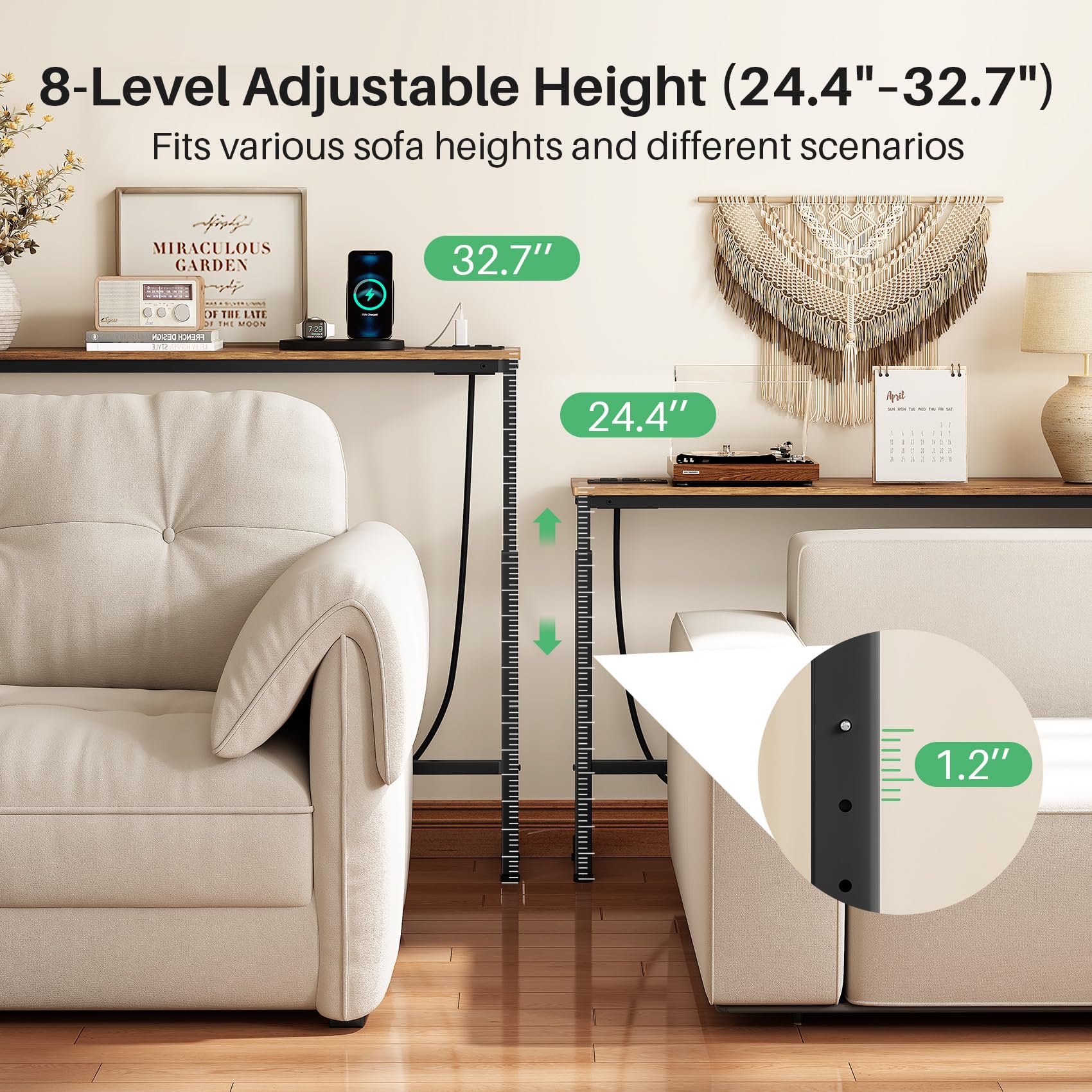 Kitstorack Narrow Sofa Table with Charging Station, 78.8" Behind Couch Table, Adjustable 24.4"-32.7" Height, Modular 2-piece Design for sectionals, entryways, Apartments, and Narrow Living Spaces