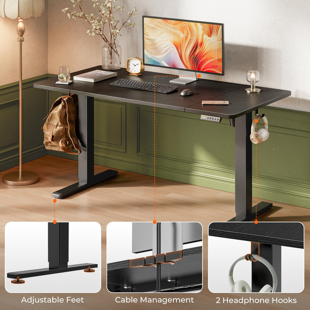 Huuger 48 x 28 Large Electric Standing Desk, Height Adjustable Desk, 27.6" Deep Desktop, Stand up Gaming, 2 Hooks, 3 Preset Heights, for Home Office, Black