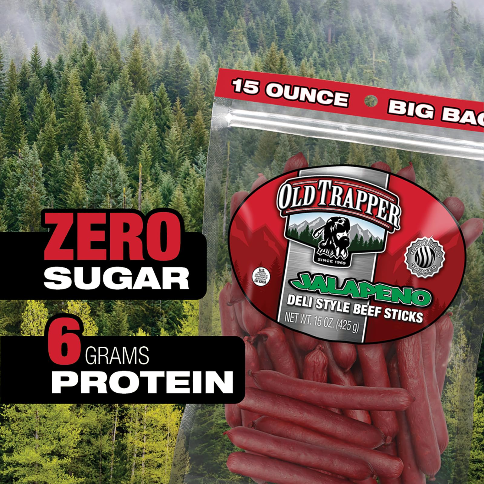 Old Trapper Deli-Style Beef Sticks, Jalapeño Flavor, 15-Ounce Package, Spicy Beef Sticks, Six Grams of Protein and Zero Grams of Sugar per Serving (Pack of One)