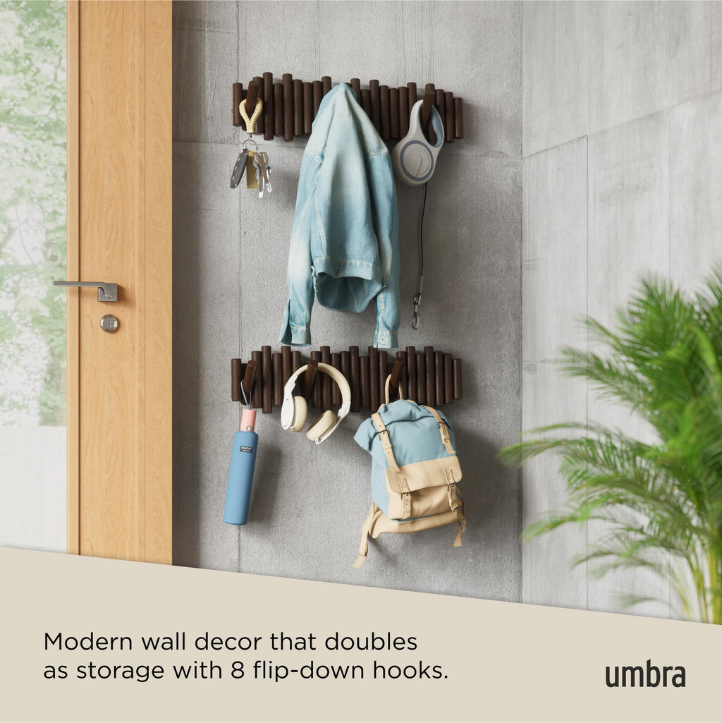 Umbra Picket Wall-Mounted Coat Rack Rail Hook with 5 Retractable Wood Pegs – Modern, Space-Saving Storage Organizer, Black