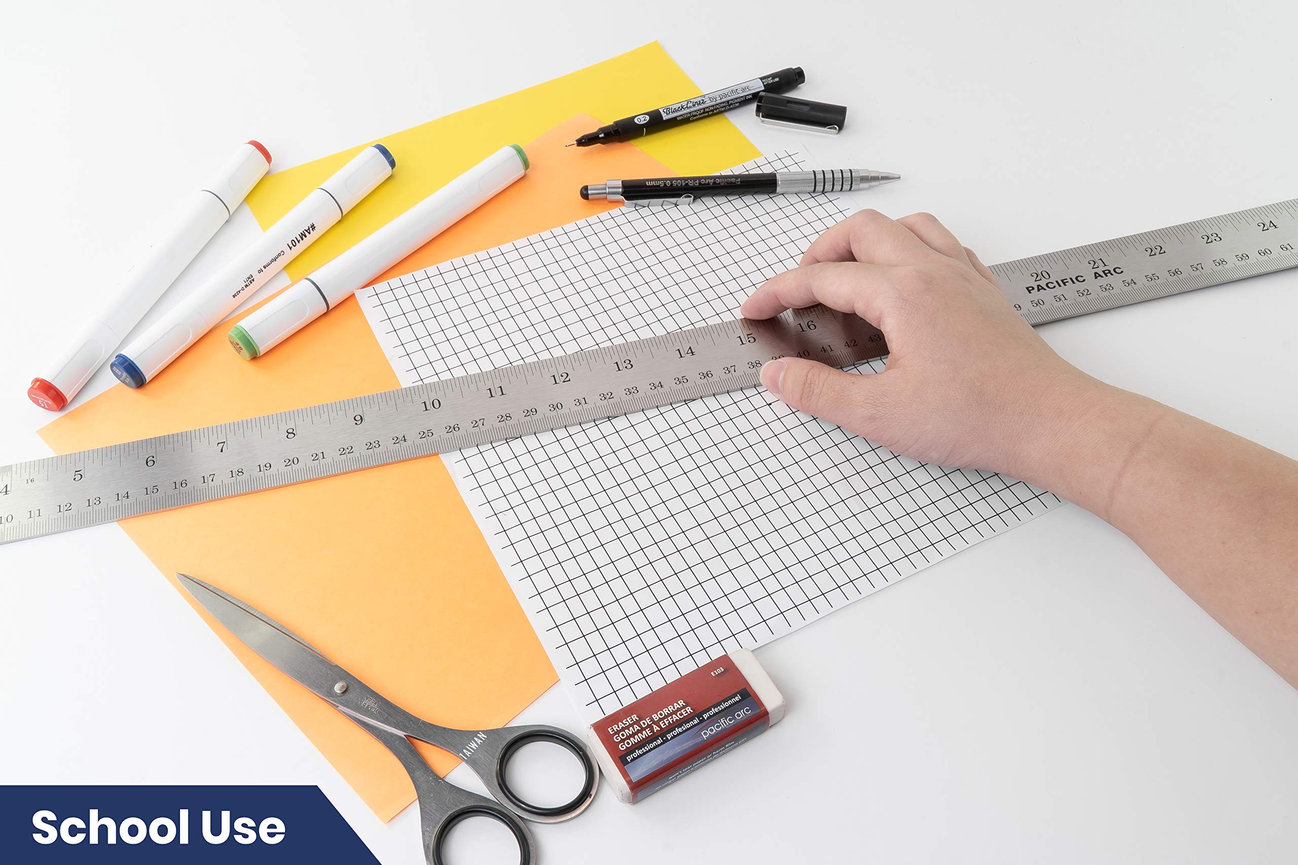 2 Pack Pacific Arc 12 Inch Stainless Steel Ruler with Inch/Metric Conversion Table