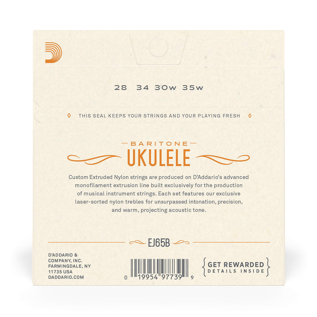 D'Addario Baritone Ukulele Strings, Fluorocarbon, EJ99B, 4-String Set, Pack of 1