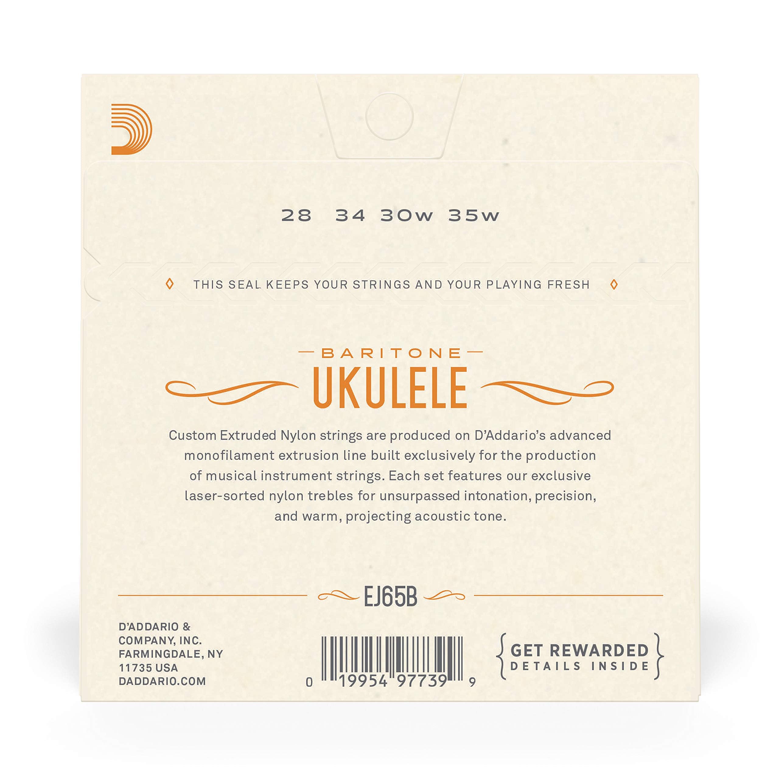 D'Addario Baritone Ukulele Strings, Fluorocarbon, EJ99B, 4-String Set, Pack of 1