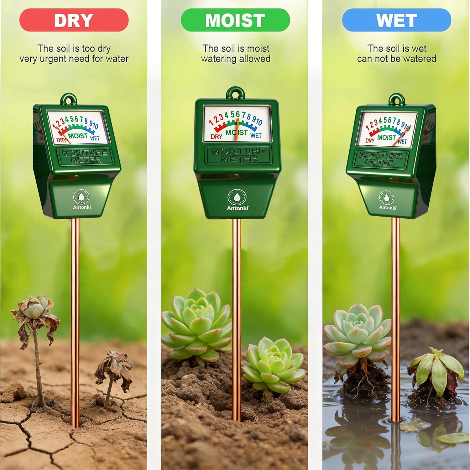 Antonki 2 Pack Soil Moisture Meter, Plant Water Meter for Gardening, Farming, Soil Tester Hygrometer Sensor for Indoor Outdoor House Plants, Flower, Lawn - No Battery Required