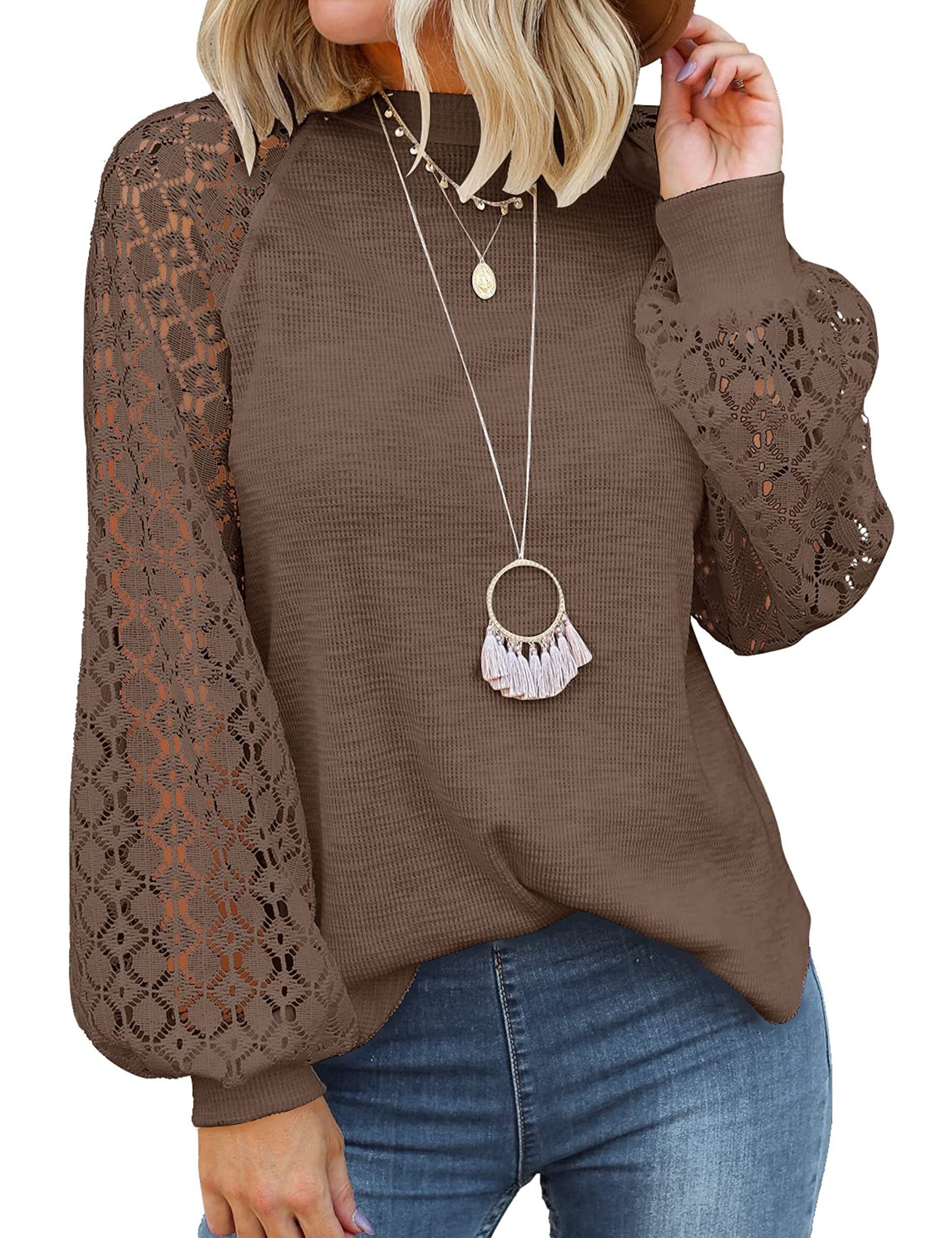MIHOLL Women's Long Sleeve Tops Lace Casual Loose Blouses Shirts Dressy Outfits