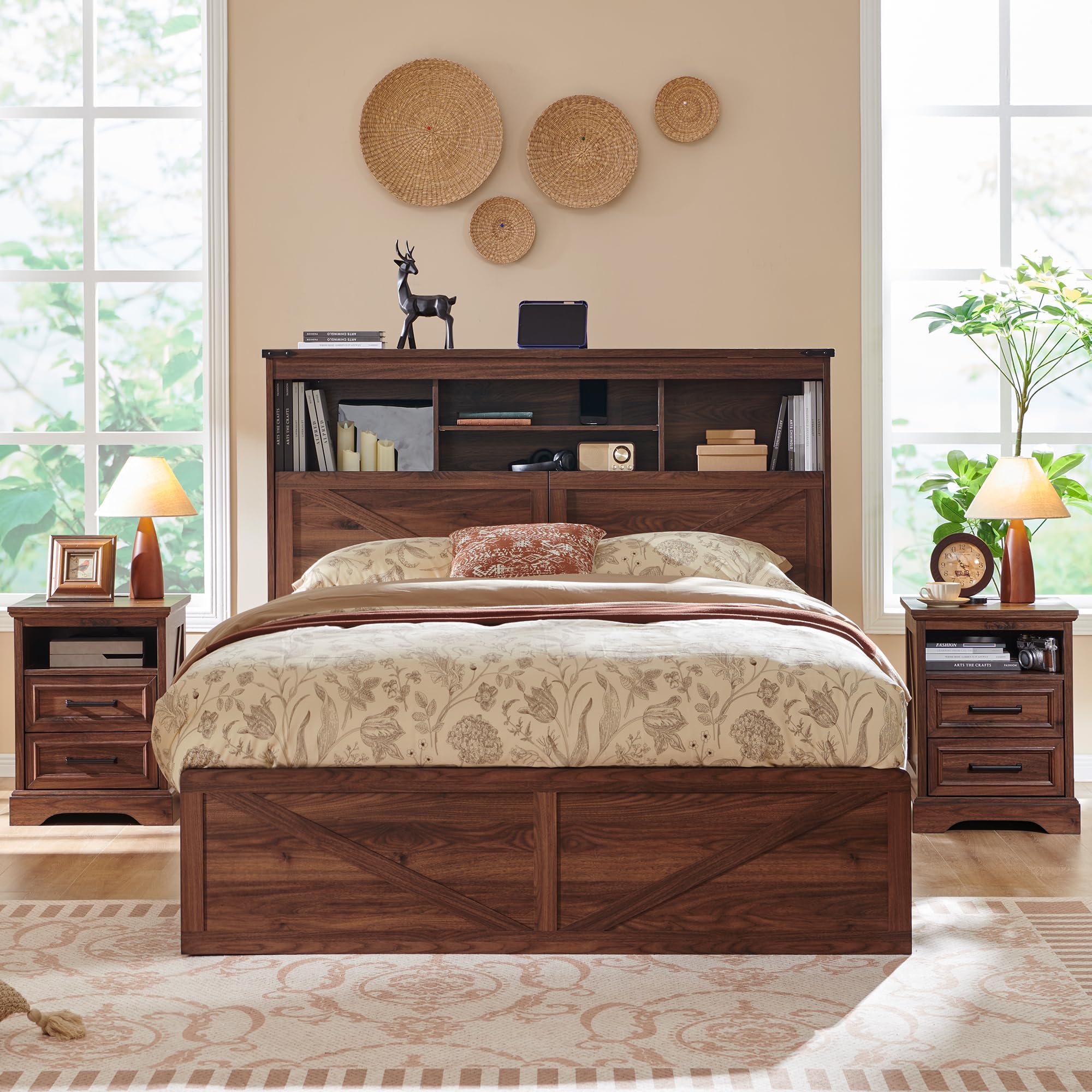 ACCOHOHO Queen Size Wood Bed Frame Farmhouse with 52" Tall Storage Bookcase Headboard, LED Light,Charging Station,4 Drawers and Solid Wood Slats Support,Noiseless,No Box Spring Needed - Black