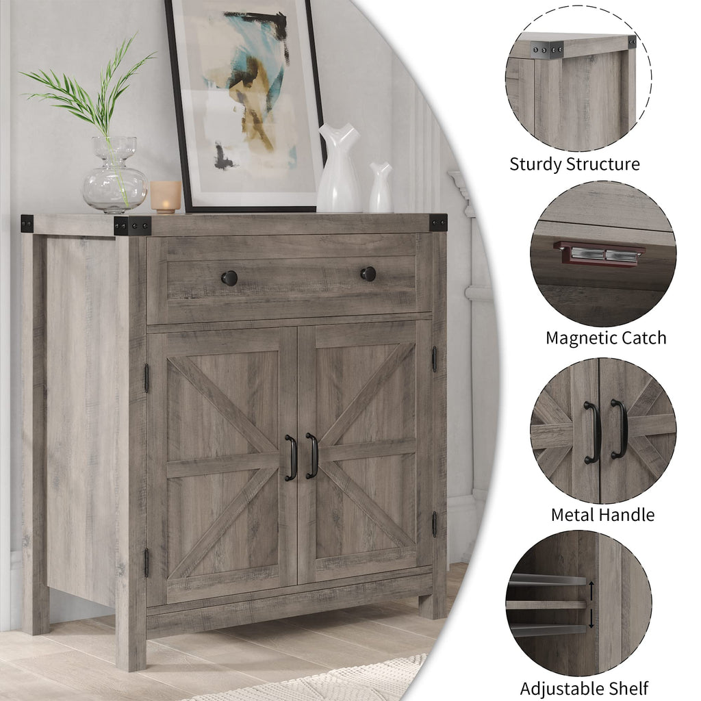 HOSTACK Coffee Bar Cabinet, Kitchen Storage Cabinet, Modern Farmhouse Buffet Sideboard with Drawer and Adjustable Shelf, Barn Door Accent Cabinets for Kitchen, Dining Room, Entryway, Ash Grey