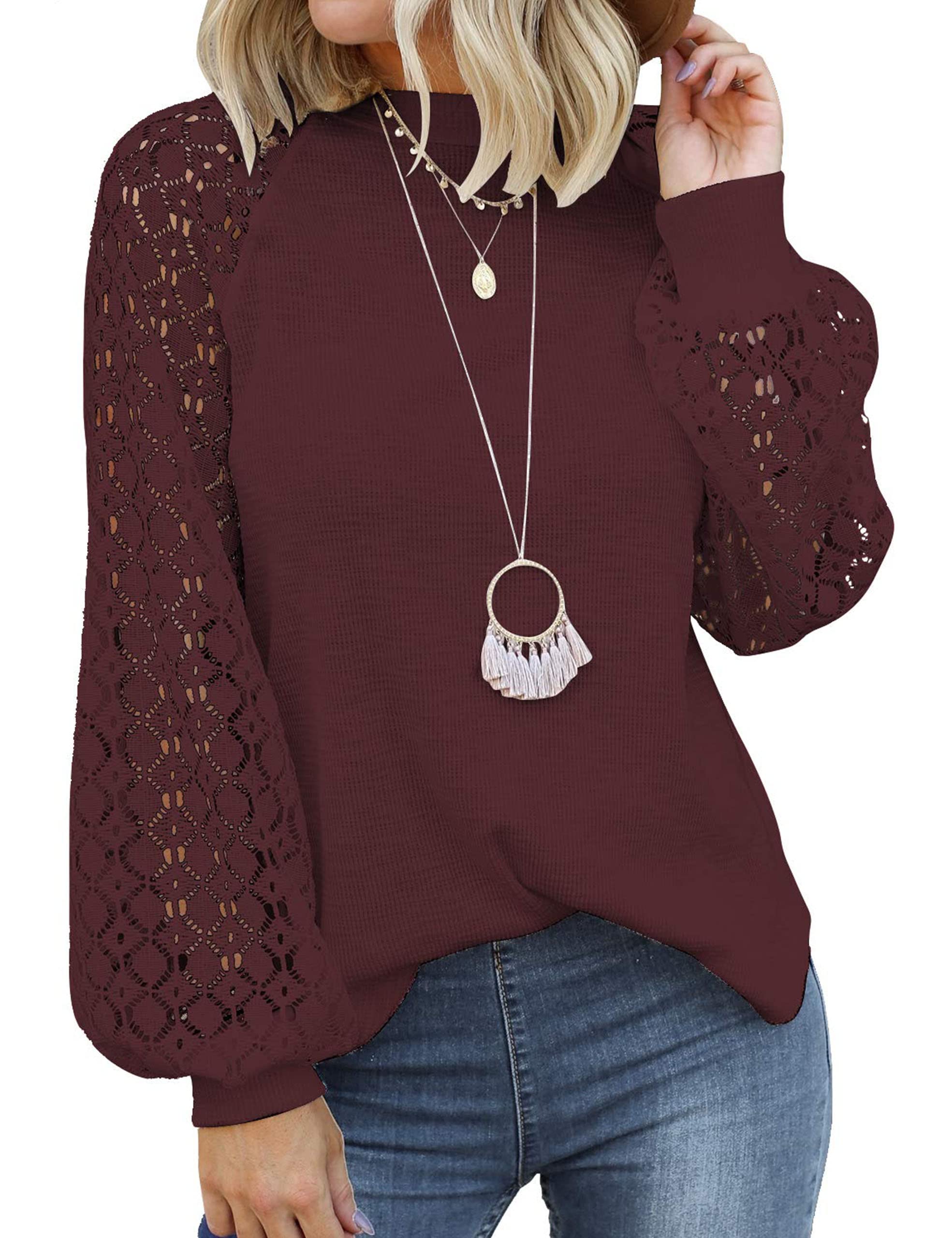 MIHOLL Women's Long Sleeve Tops Lace Casual Loose Blouses Shirts Dressy Outfits