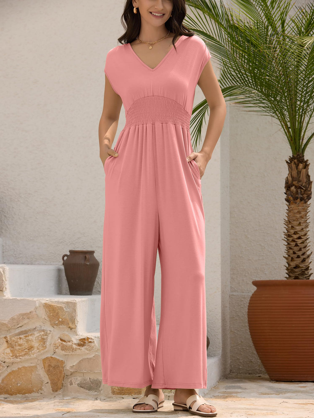ZAFUL Womens Summer Jumpsuits 2026 Smocked Waist Dressy Casual One Piece Outfits with Pockets