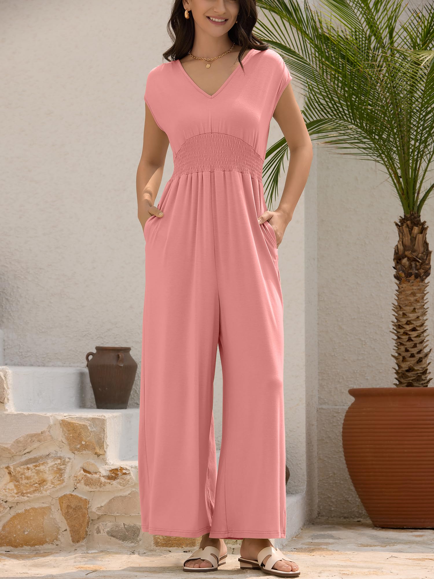 ZAFUL Womens Summer Jumpsuits 2026 Smocked Waist Dressy Casual One Piece Outfits with Pockets