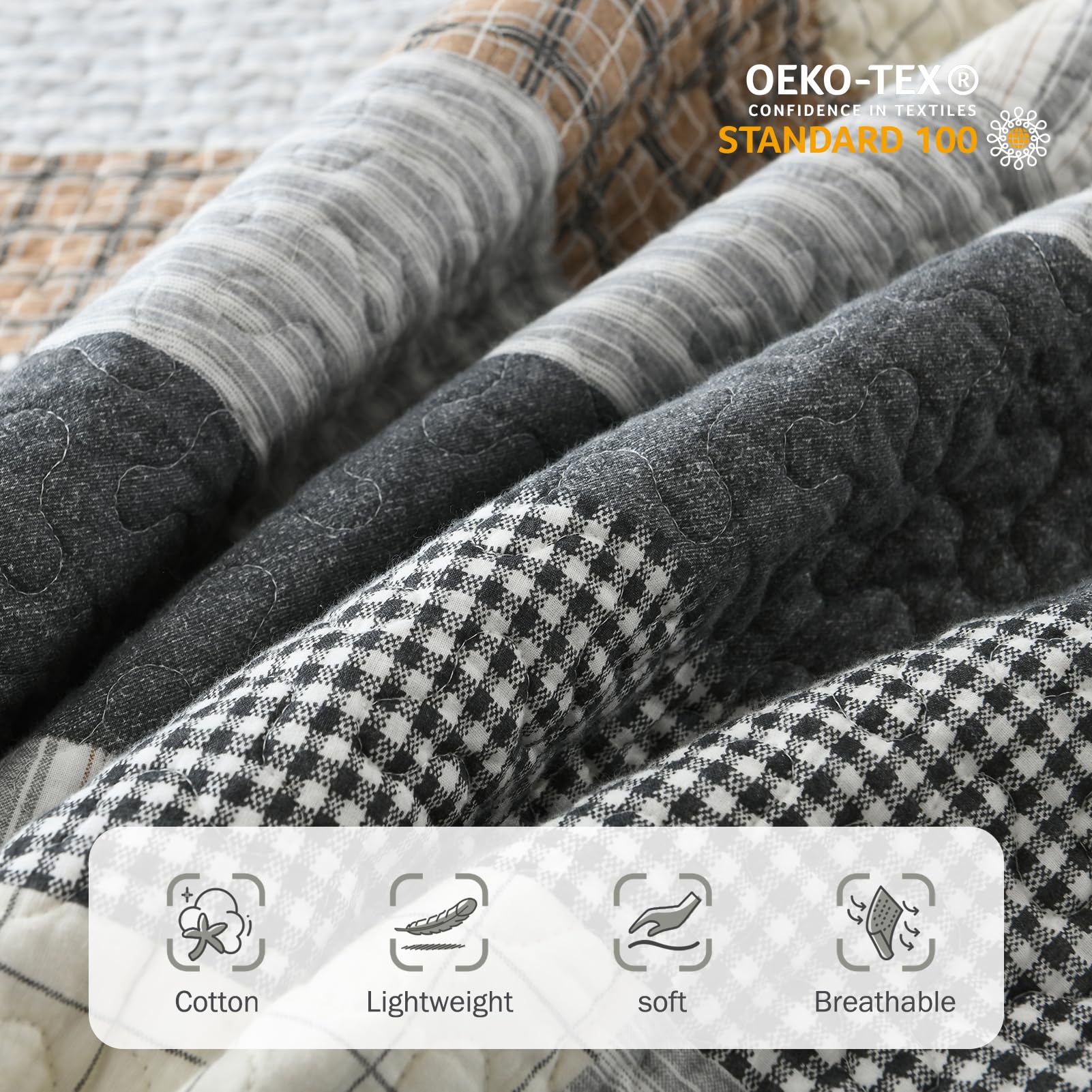 Y-PLWOMEN 100% Cotton Farmhouse Plaid Lightweight 3-Pieces Quilt Set (Blue Brown, Queen90 * 98 Inch)