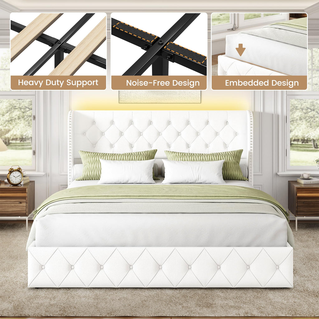 BRELTAM Full Size Bed Frame with Storage Drawers and Wingback Headboard Linen Upholstered Platform Bed Frame Tufted Beds with Heavy Duty Wood Slats, Noise Free, Easy Assembly, Beige