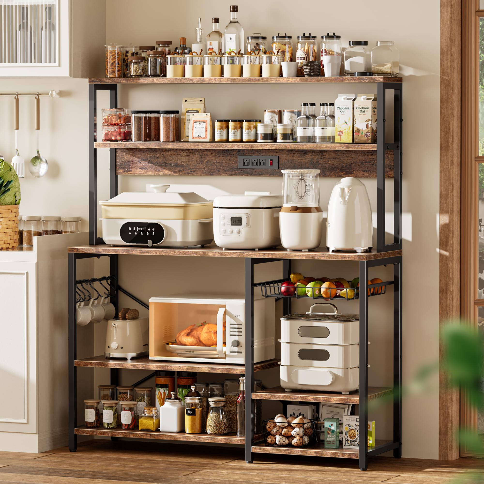 SUPERJARE Bakers Rack with Power Outlet, 35.4 Inches Coffee Bar with Wire Basket, Kitchen Microwave Stand with 6 S-Shaped Hooks, Open Storage Shelves, Black