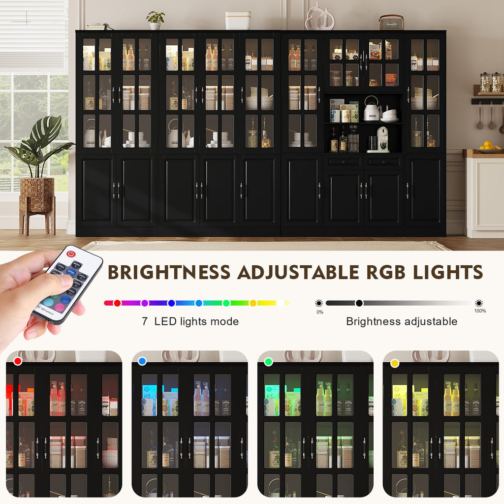 MEISSALIVVE Kitchen Pantry Storage Cabinet with LED Lights, 78.7" Tall with Glass Doors & Drawers, Freestanding Utility Cabinet, Black (31.5" W x 15.7" D)