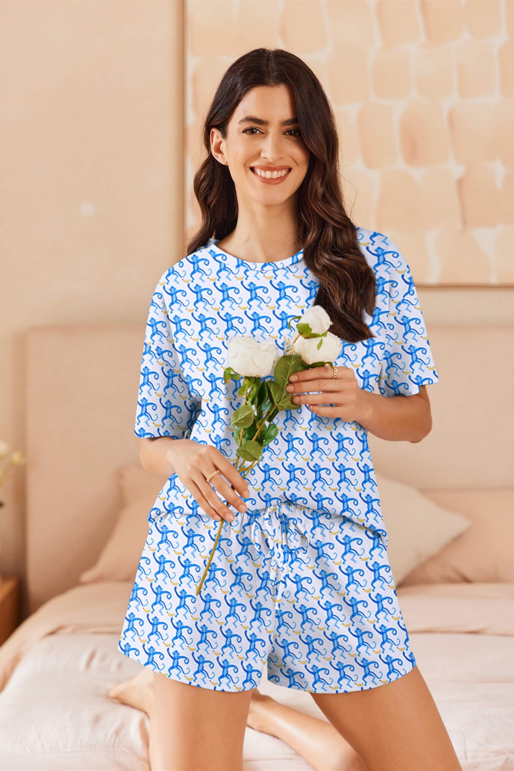 Ekouaer Cotton Pajamas Set for Womens Soft Short Sleeve Lounge Set Shorts Sleepwear Set 2 Piece Pjs Sets