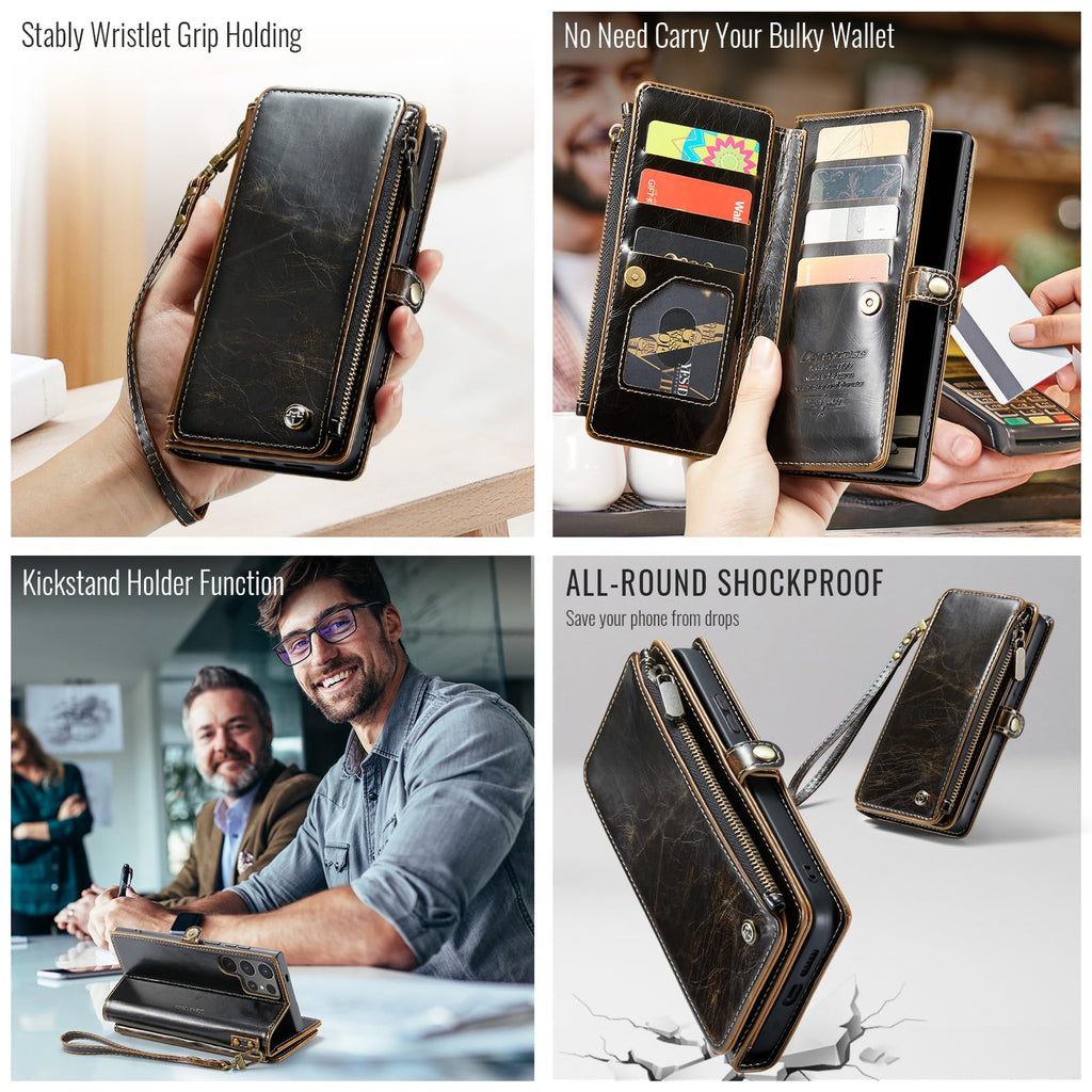 Defencase for Samsung Galaxy S25 Ultra Magnetic Wallet Case Compatible with Magsafe with RFID Blocking Zipper & Card Holder Women, PU Leather Detachable Phone Case for Galaxy S25 Ultra 6.9", Black