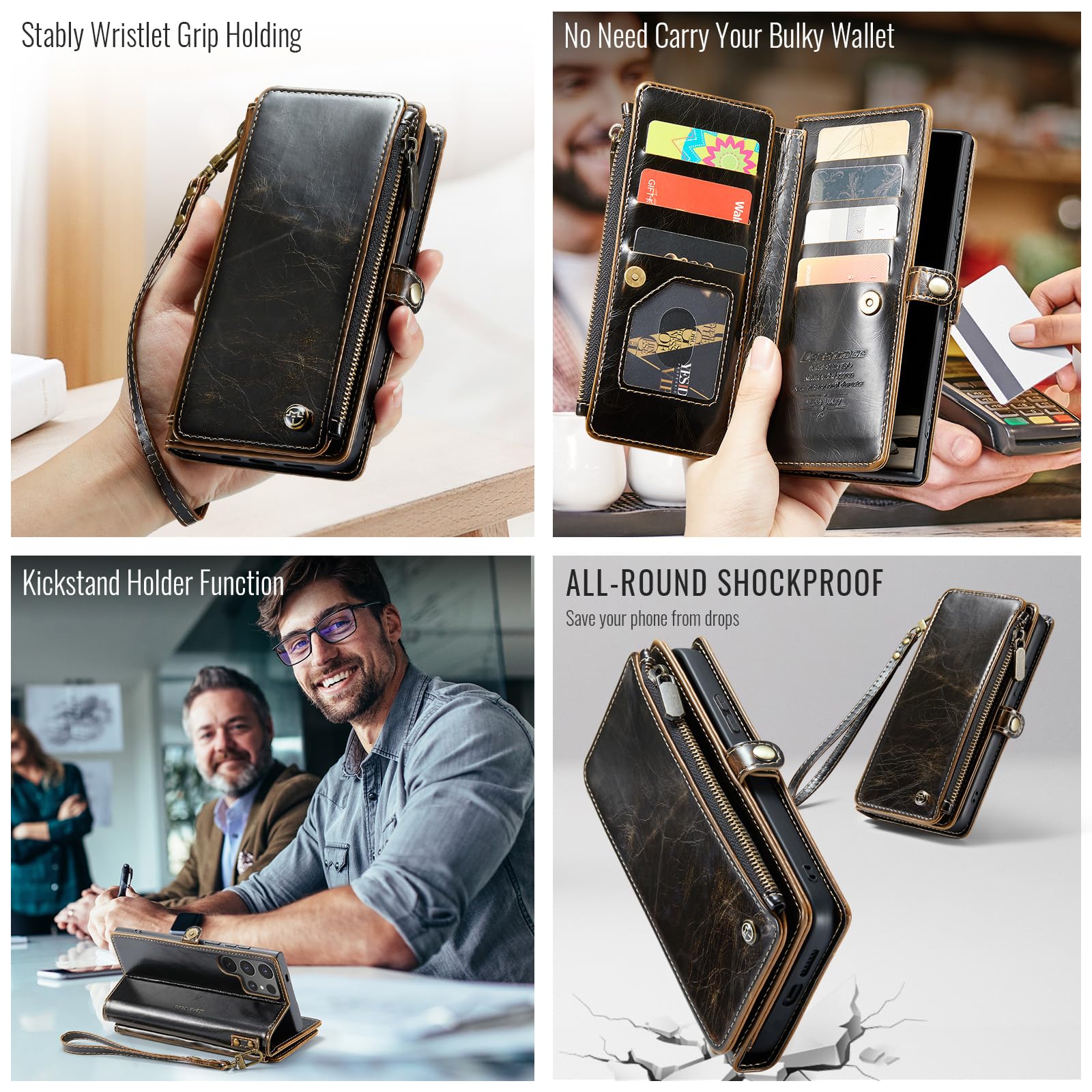 Defencase for Samsung Galaxy S25 Ultra Magnetic Wallet Case Compatible with Magsafe with RFID Blocking Zipper & Card Holder Women, PU Leather Detachable Phone Case for Galaxy S25 Ultra 6.9", Black