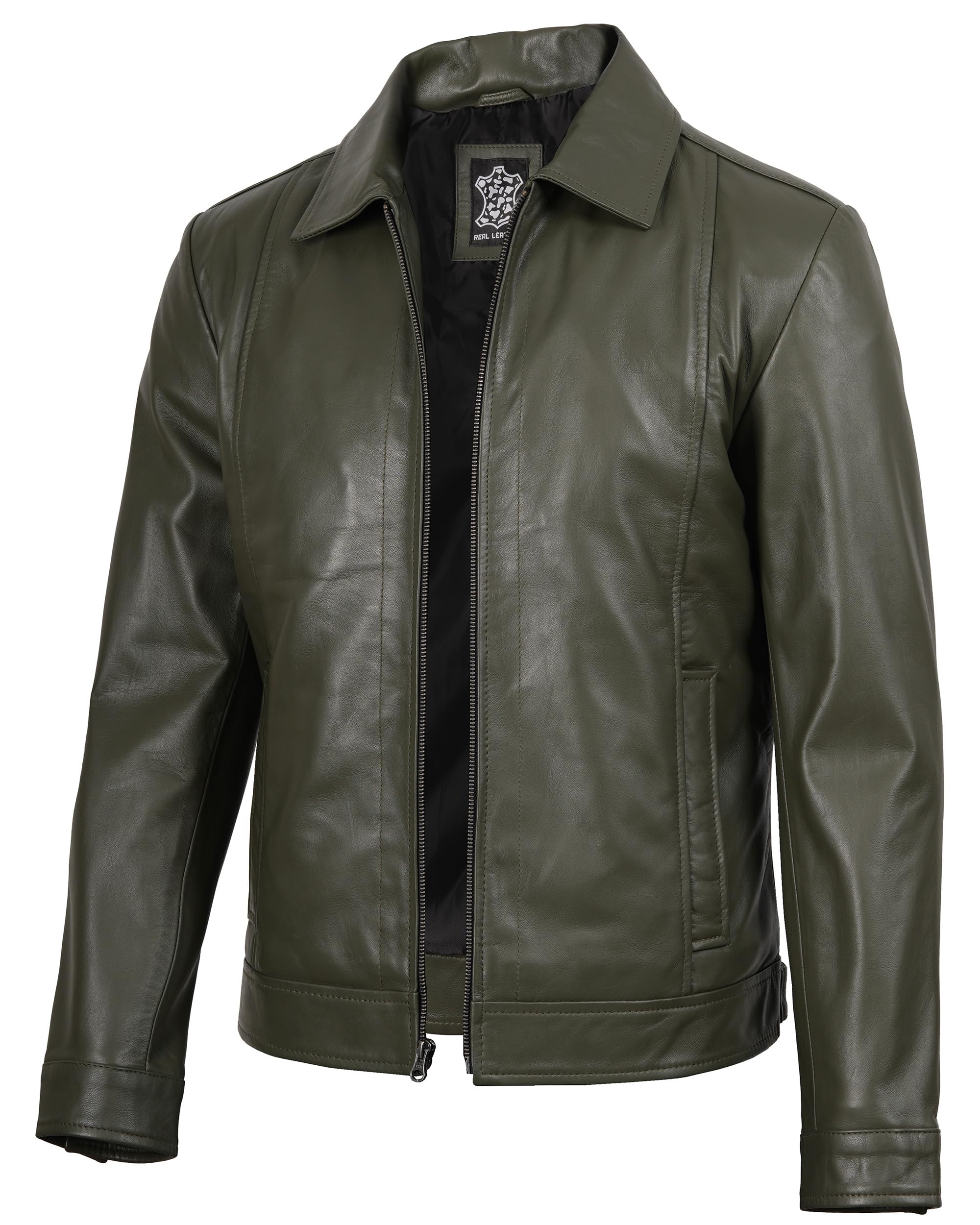 Decrum Vintage Style Mens Leather Jacket - Real Lambskin Classic Shirt Collar Leather Jackets for Men