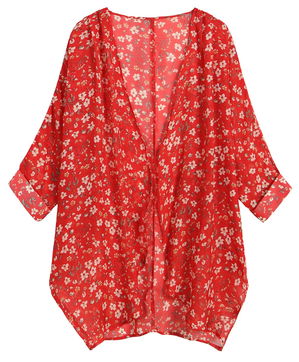 olrain Women's Floral Print Sheer Chiffon 3/4 Bat Sleeve Casual Loose Kimono Cardigan Capes