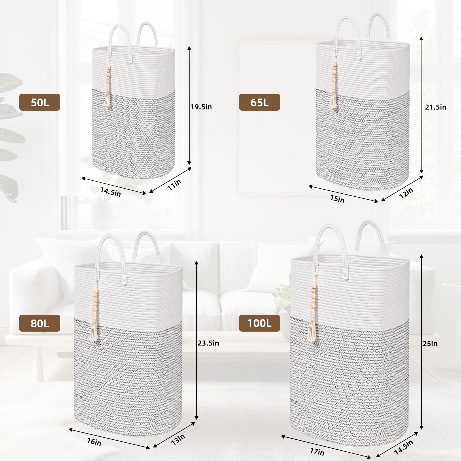 Woven Laundry Basket for Clothes, 50L Large Rectangle Laundry Hampers with Beads Tassel, Nursery Storage Basket for Toys, Tall Dirty Clothes Hamper for Bedroom Aesthetic, Laundry Room Organization