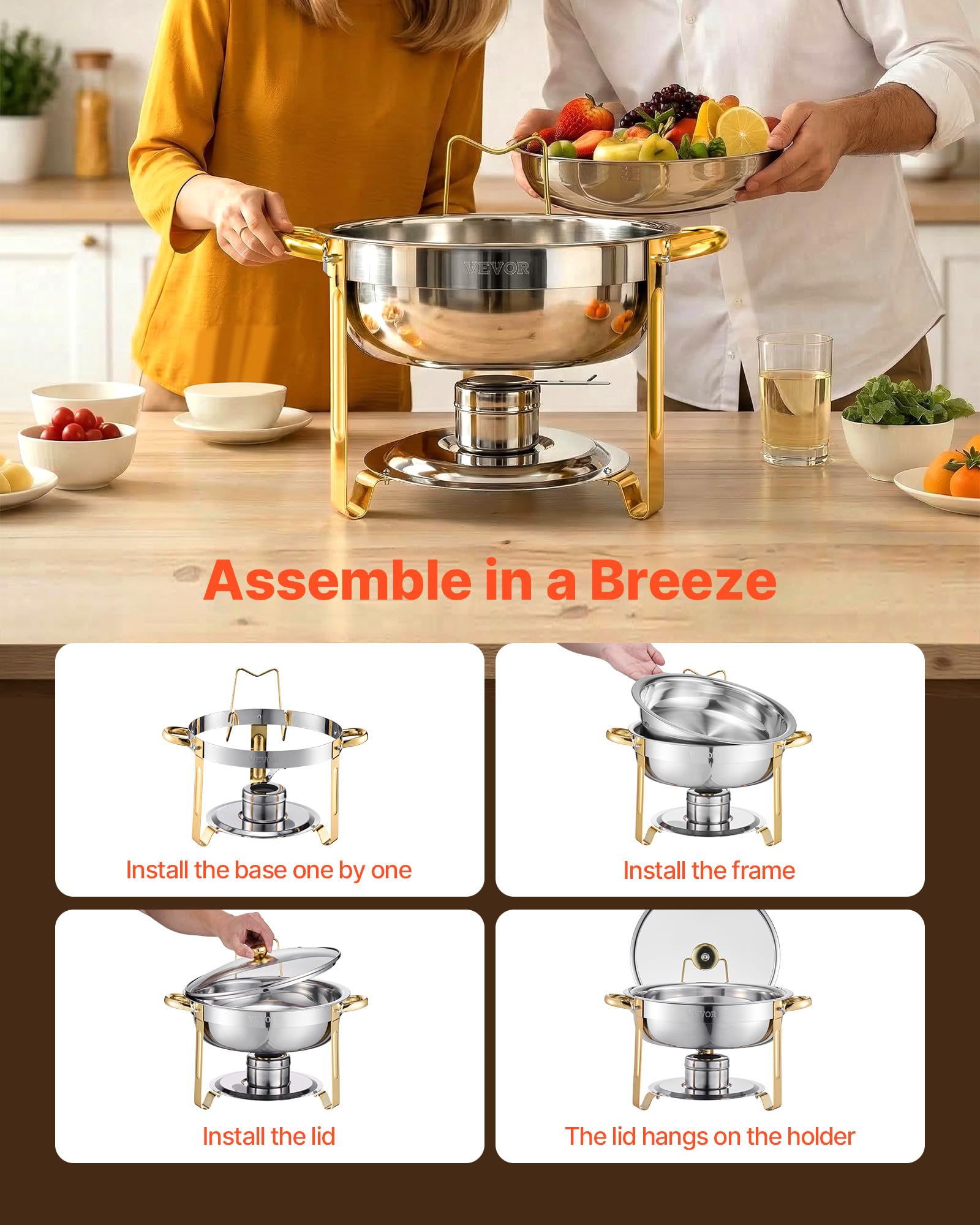 VEVOR Chafing Dish Buffet Set, 5 Qt 4 Pack, Stainless Steel Chafer with 4 Full Size Pan, Round Catering Warmer Server with Glass Lid Water Pan Folding Stand Fuel Holder, for Wedding Banquet, Gold