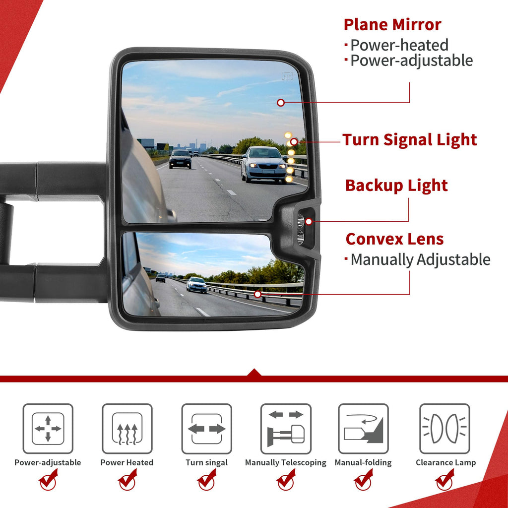 YITAMOTOR Towing Mirrors Compatible with 07-13 Silverado 1500 2500 3500 Tahoe Suburban Avalanche GMC Sierra Yukon Cadillac LED Turn Signal Light Power Heated Manual Telescoping Folding