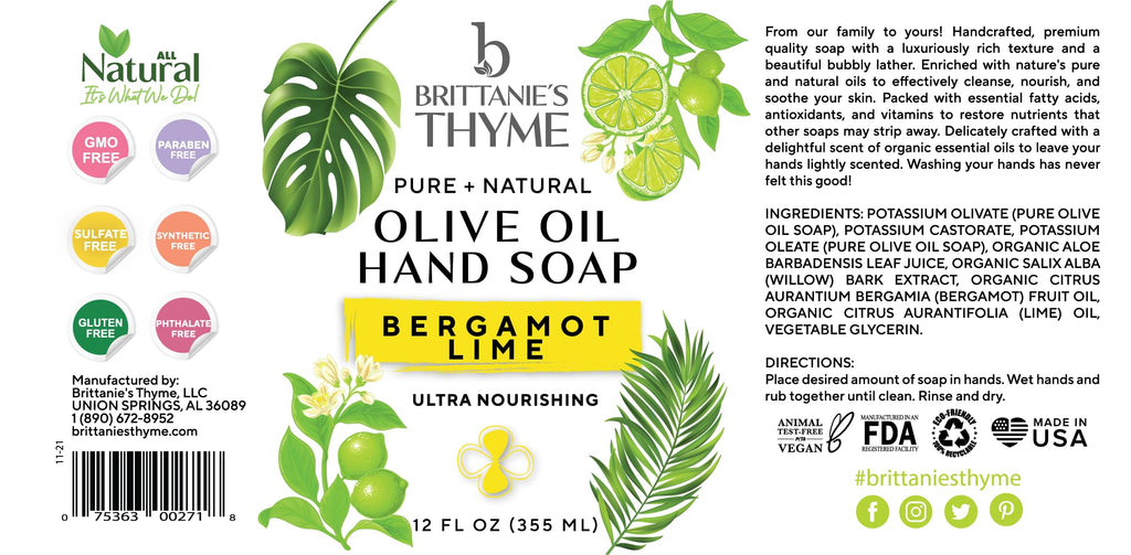 Brittanie’s Pure Castile Liquid Soap Refill, Bergamot Lime, 12 Ounce | Dish Soap, Hair & Body, Home, Gentle and Pure, Made with Natural Luxurious Oils, Vegan & Gluten Free Non-GMO