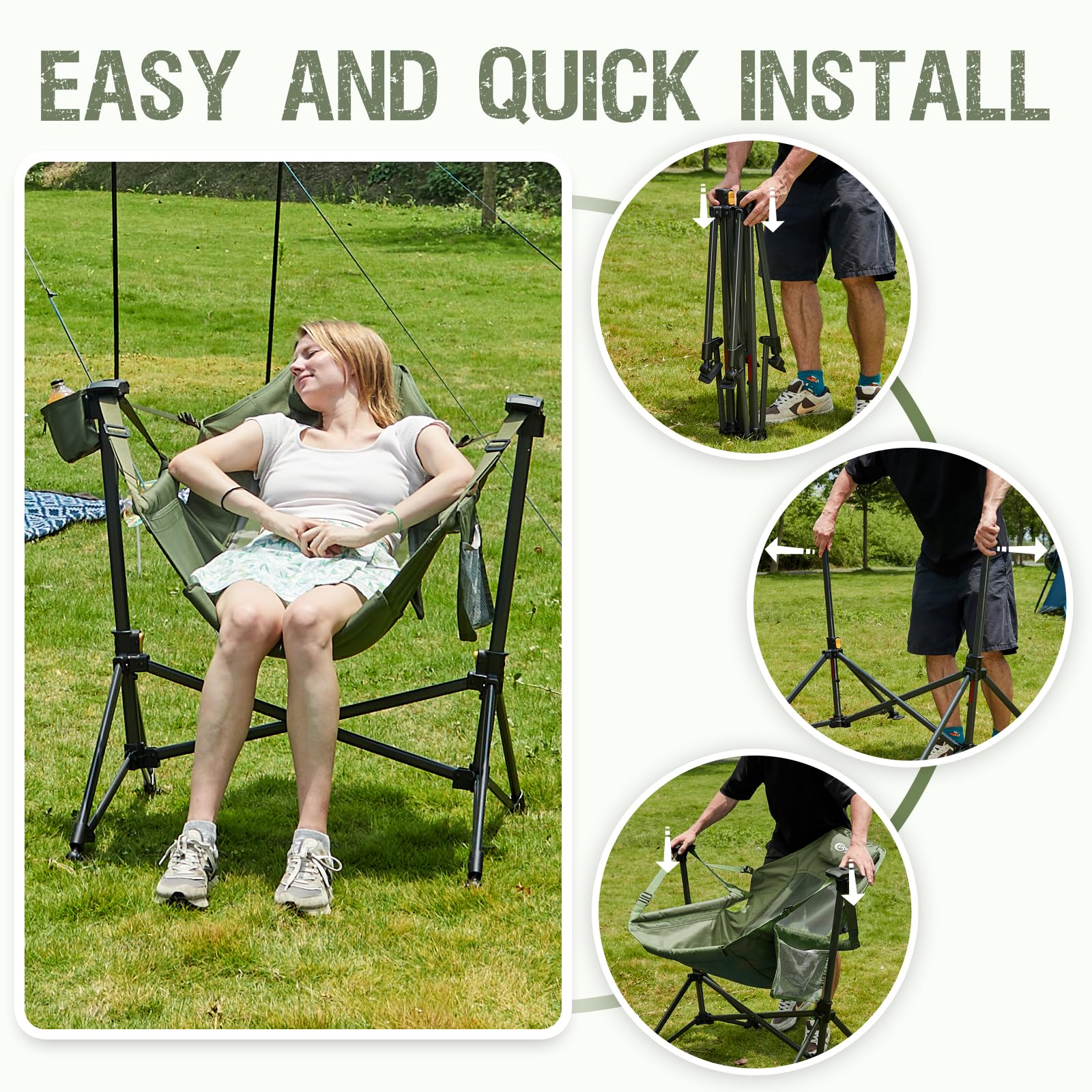Portal Hammock Camping Chair, Portable Outdoor Swinging Chairs with Adjustable Back and Height for Lawn, Backyard, Patio, Supports 400 lbs, Breathable Mesh High Back, Blue