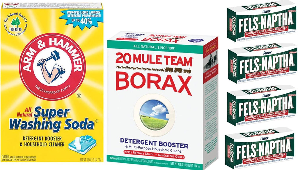 Laundry Soap Kit - Fels Naptha 4 bars, 20 Mule Team Borax Natural Laundry Booster, & Arm & Hammer Super Washing Soda