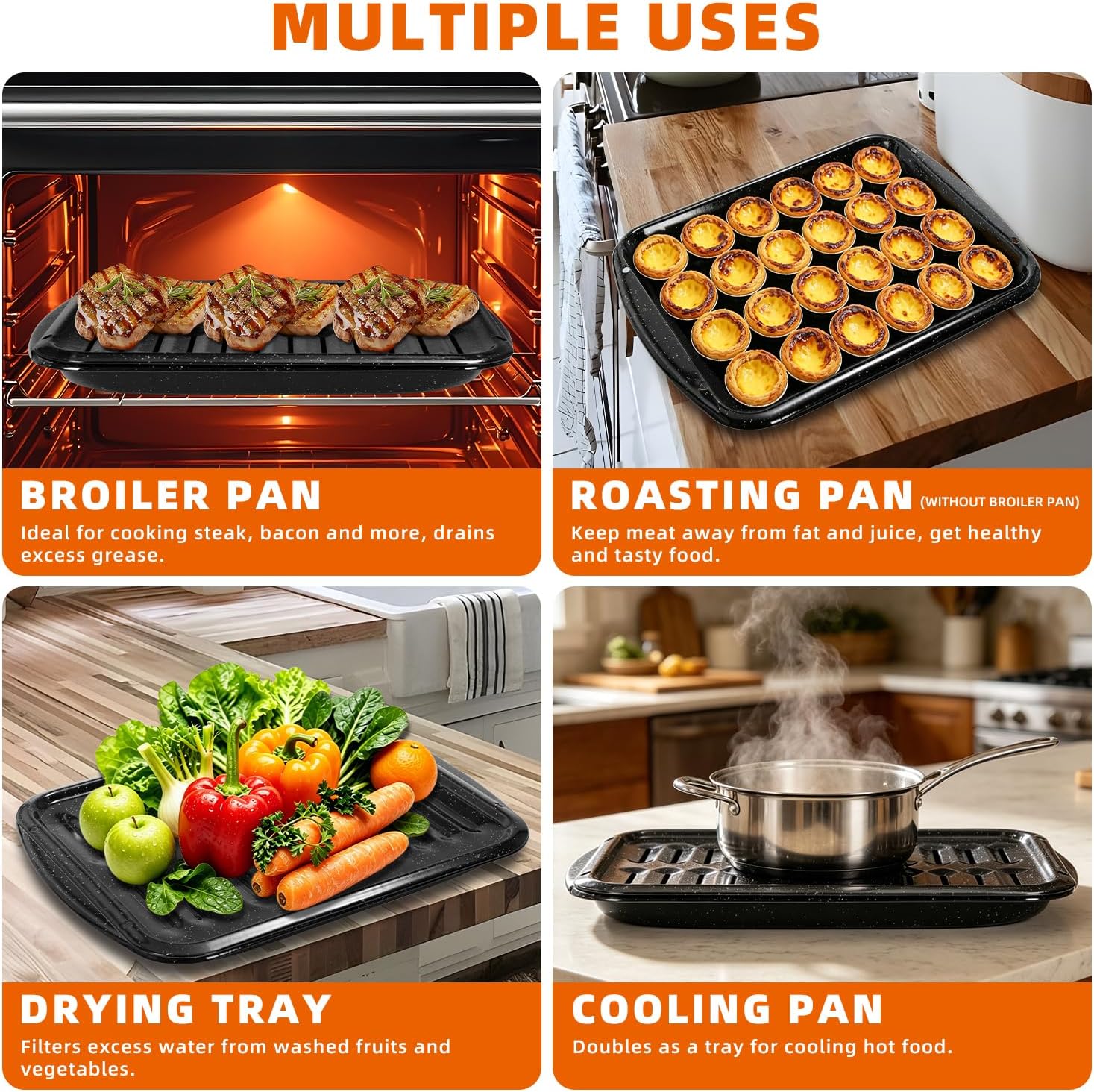 16.75" Broiler Pan for Oven with Rack, 2-Piece Thick Porcelain Enamel Roasting Pan Set, Heavy Duty Grill Pan & Drip Tray, Large Nonstick Oven Pan for Baking, Grilling & Roasting Bacon, Steak, Meats