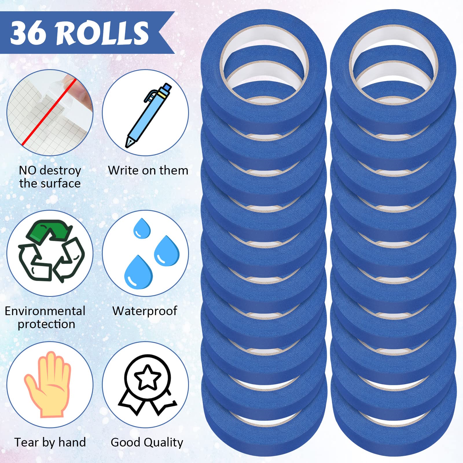 Fainne 12 Rolls Blue Painters Tape Bulk Multi Pack Safe Paint Paper Masking Tape for Wall Painting Decoration Supplies (Blue,1 Inch X 55 Yards)