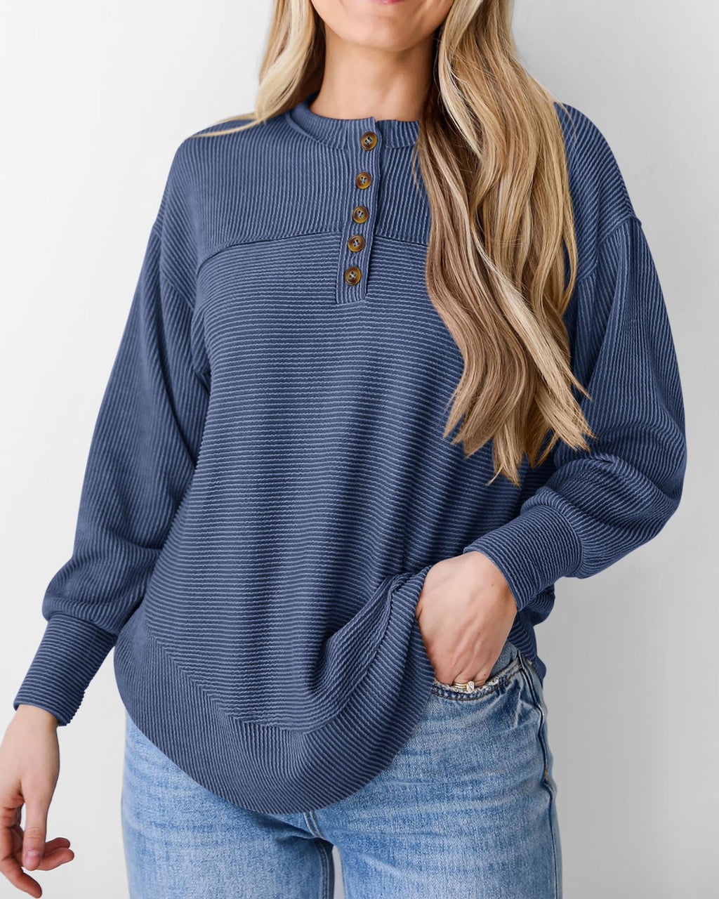 KIRUNDO Going Out Tops for Women Henley Shirts 2025 Casual Ribbed Knit Long Sleeve Tunic Summer Fall Button V Neck Blouse