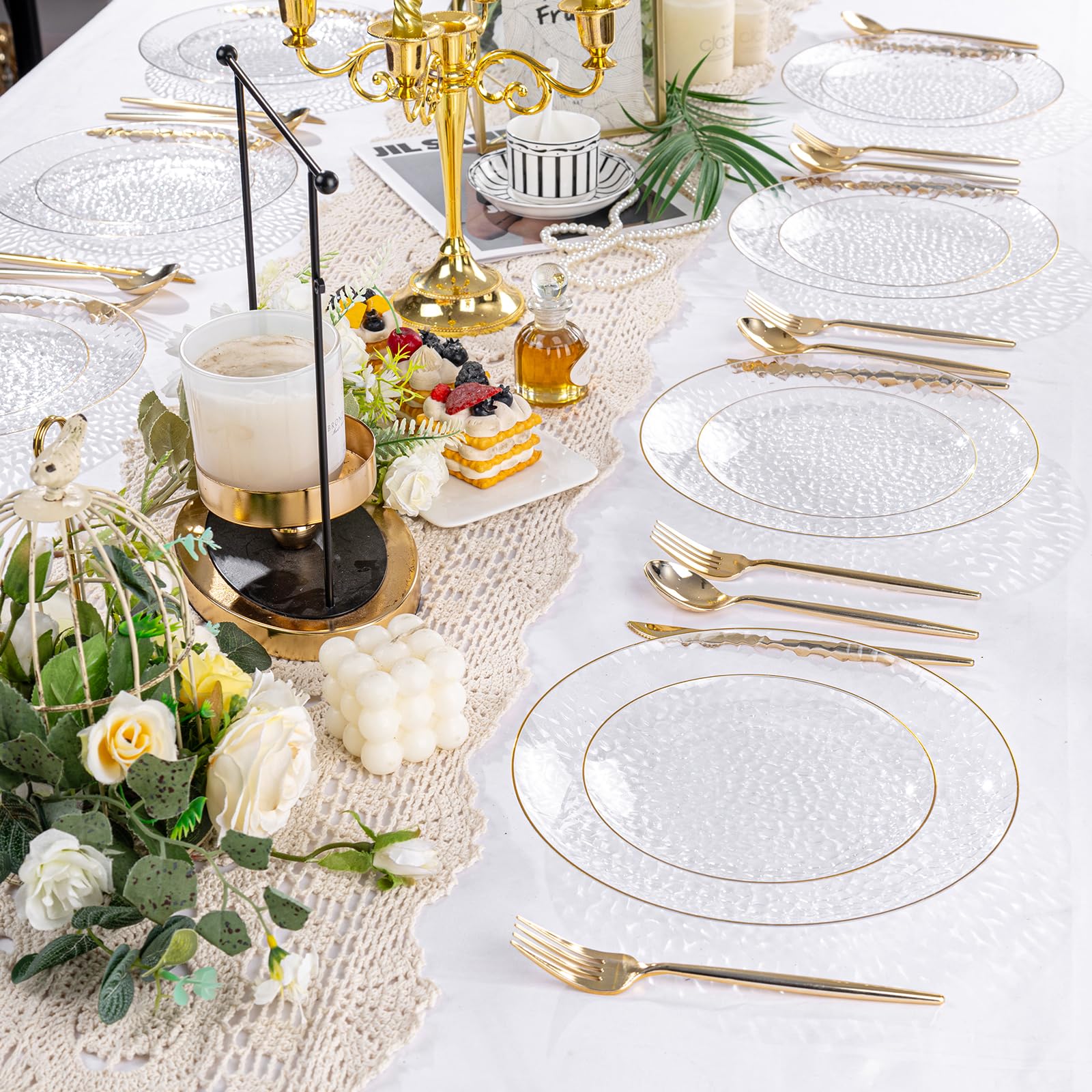 Rubtlamp 100Pcs Amber Gold Plastic Plates, Disposable Plates With Gold Rim, Heavy-duty Party Platos, Hammered Plastic Plates Include 50 Clear Dessert Plates, 50 Dinner Plates for Party