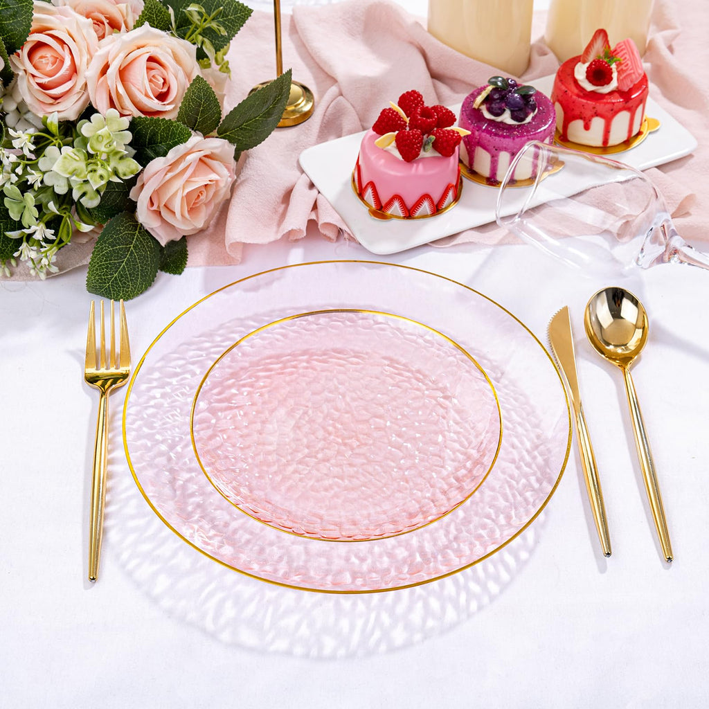 Rubtlamp 100Pcs Amber Gold Plastic Plates, Disposable Plates With Gold Rim, Heavy-duty Party Platos, Hammered Plastic Plates Include 50 Clear Dessert Plates, 50 Dinner Plates for Party