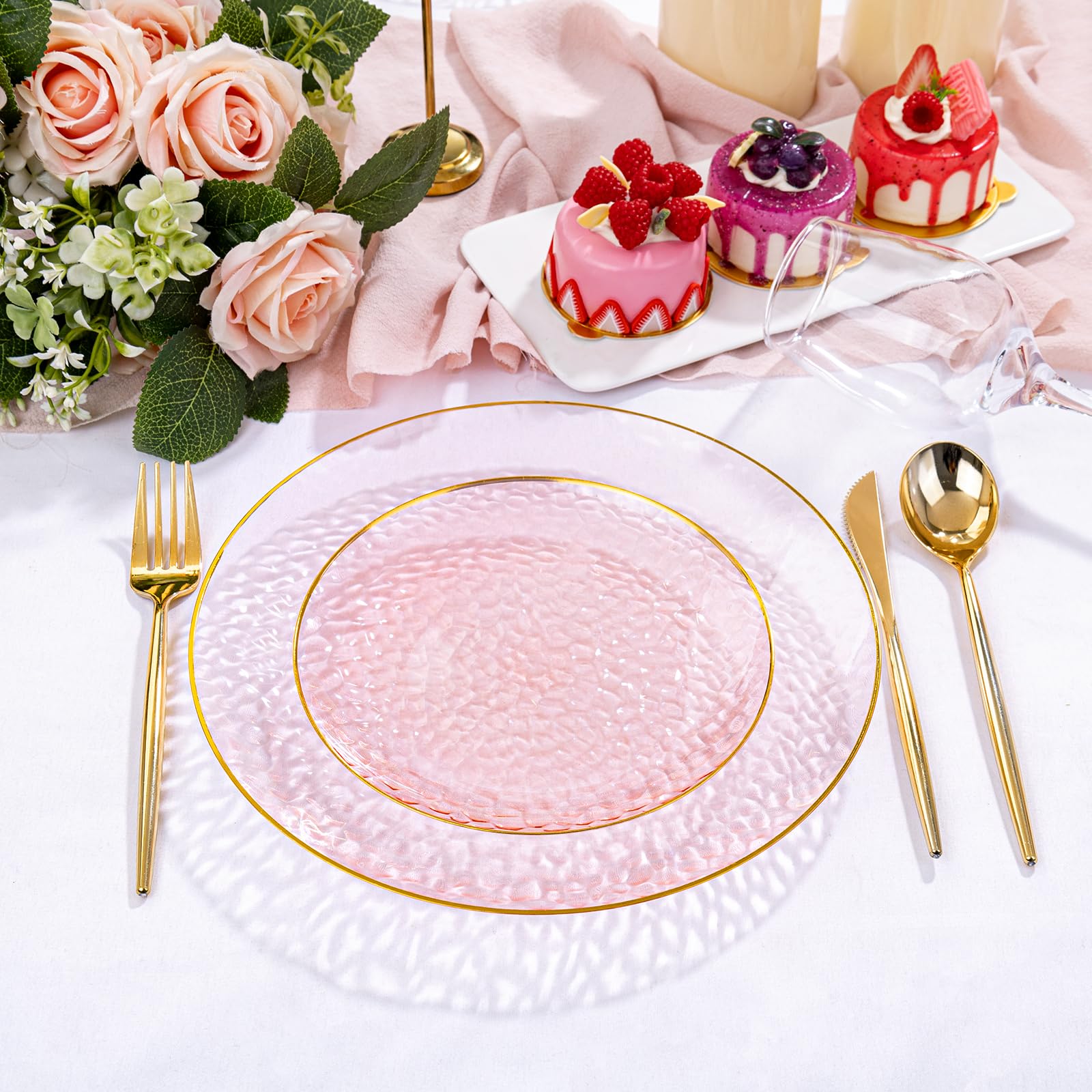 Rubtlamp 100Pcs Amber Gold Plastic Plates, Disposable Plates With Gold Rim, Heavy-duty Party Platos, Hammered Plastic Plates Include 50 Clear Dessert Plates, 50 Dinner Plates for Party