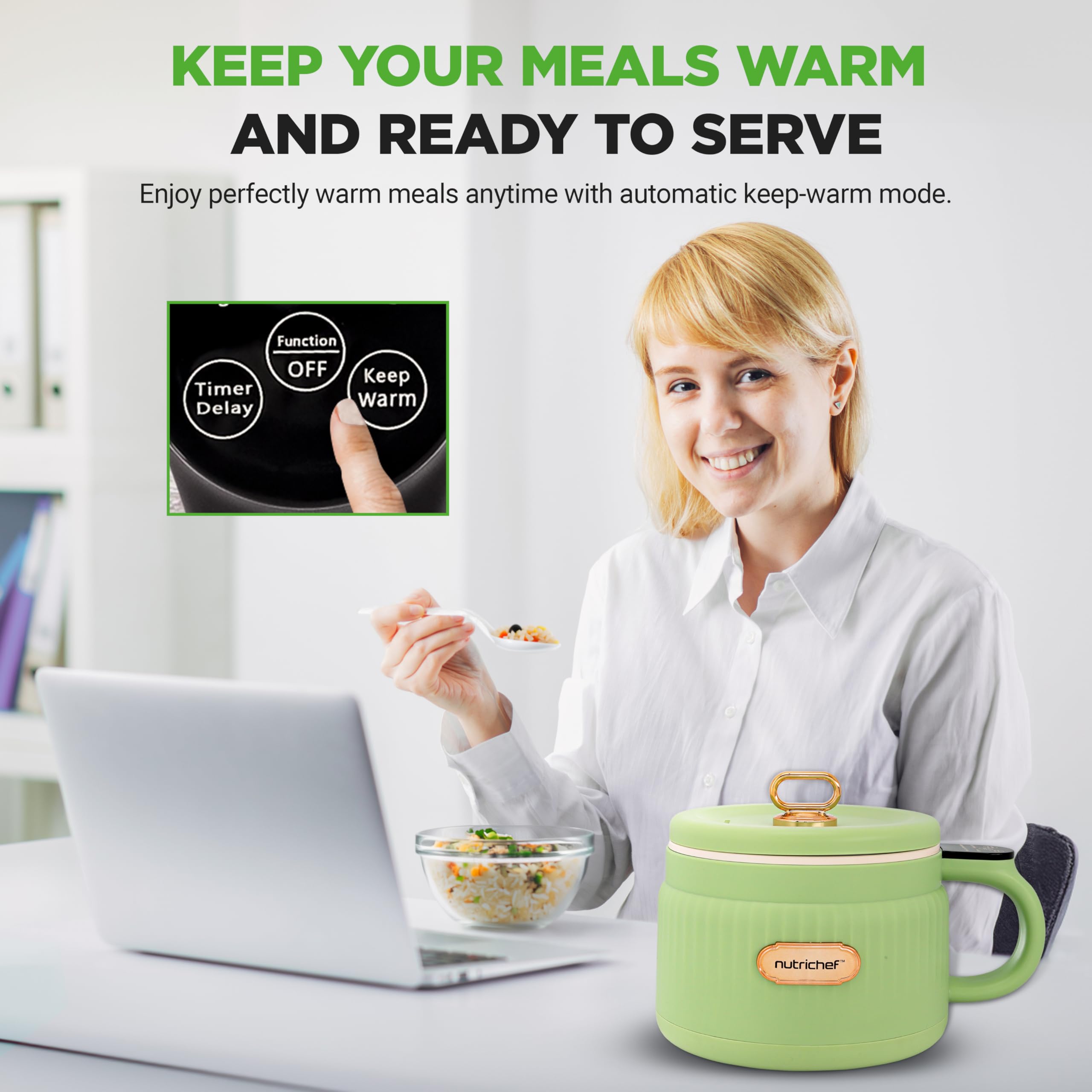 NutriChef 1.6 QT Portable Electric Rice Cooker & Lunch Maker | Multi-Functional & Non-Stick Ceramic Coating | Digital Control Panel | 6 Cook Functions: Rice, Soup, Stew, Porridge & More | Black