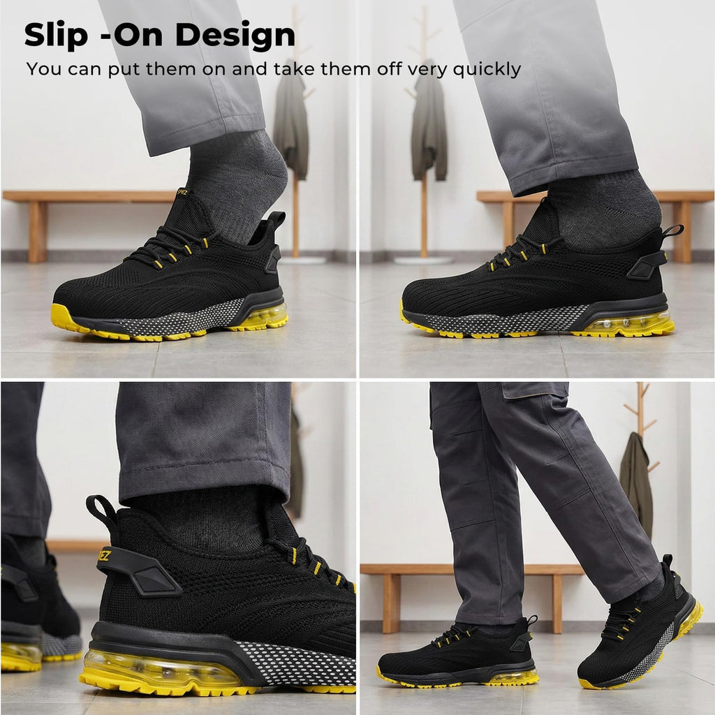 SPIEZ Composite Toe Shoes for Men Women, Lightweight Breathable Non Steel Toe Safety Shoes, Puncture Proof Slip Resistant Work Sneakers for Construction,Warehouse,Black Blue/Black Yellow